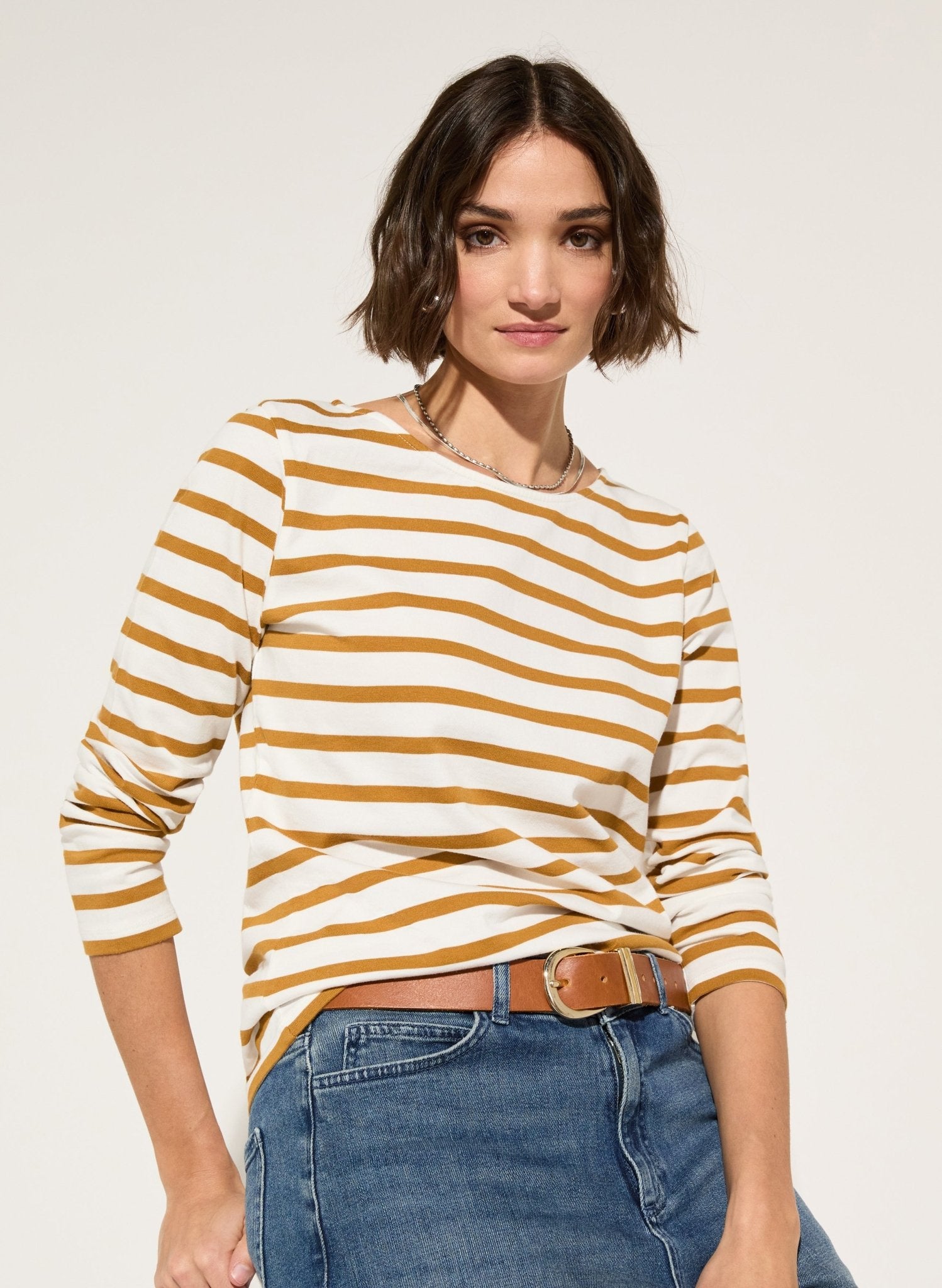 Ashley Organic Cotton Top - Soft White & Ochre Baukjen