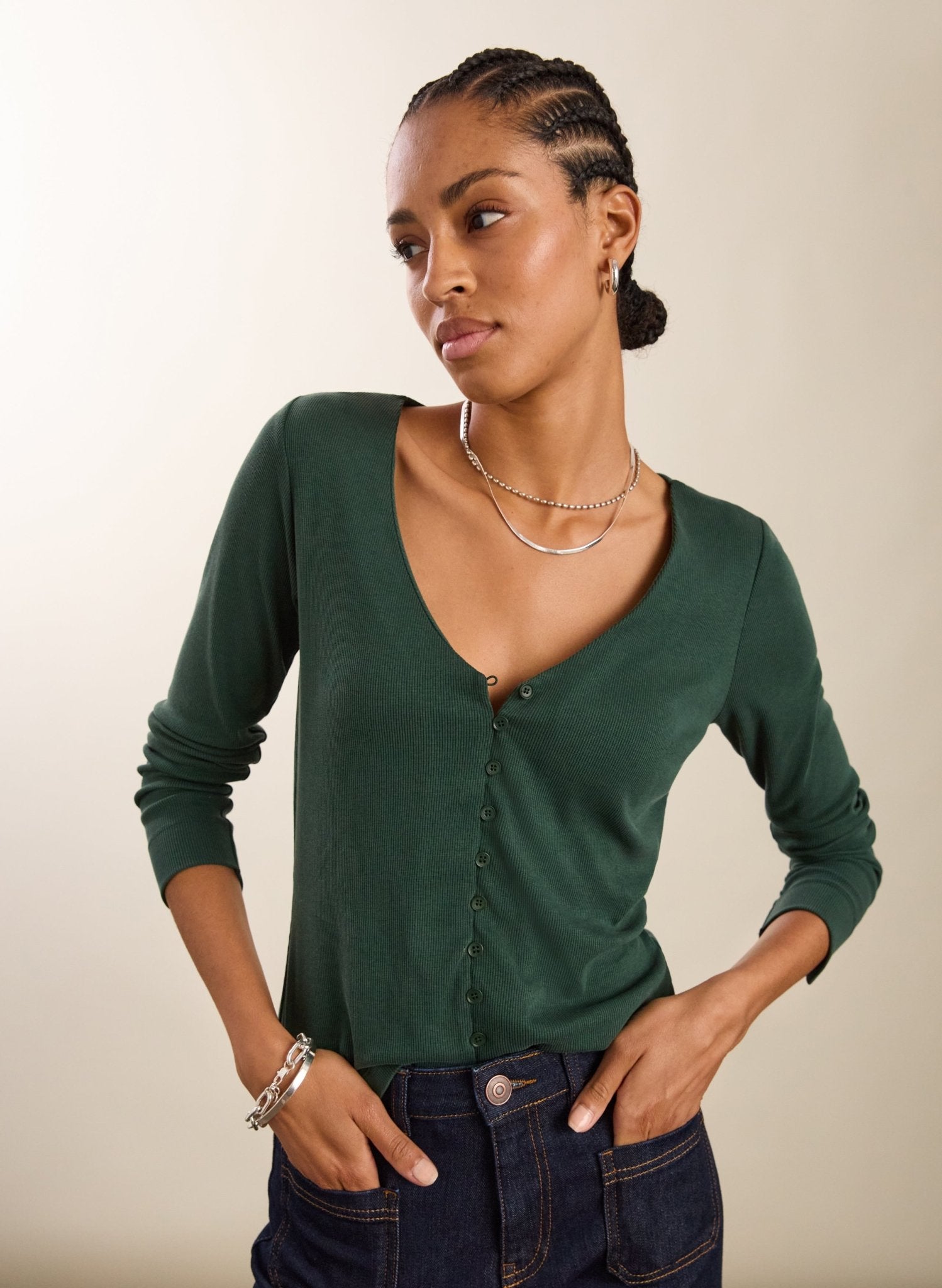 Audrey Button Through V - Neck Top - Forest Green Baukjen