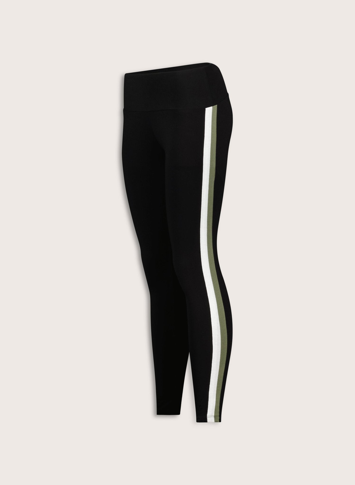 Avery Side Stripe Leggings - Caviar Black, White & Olive Baukjen