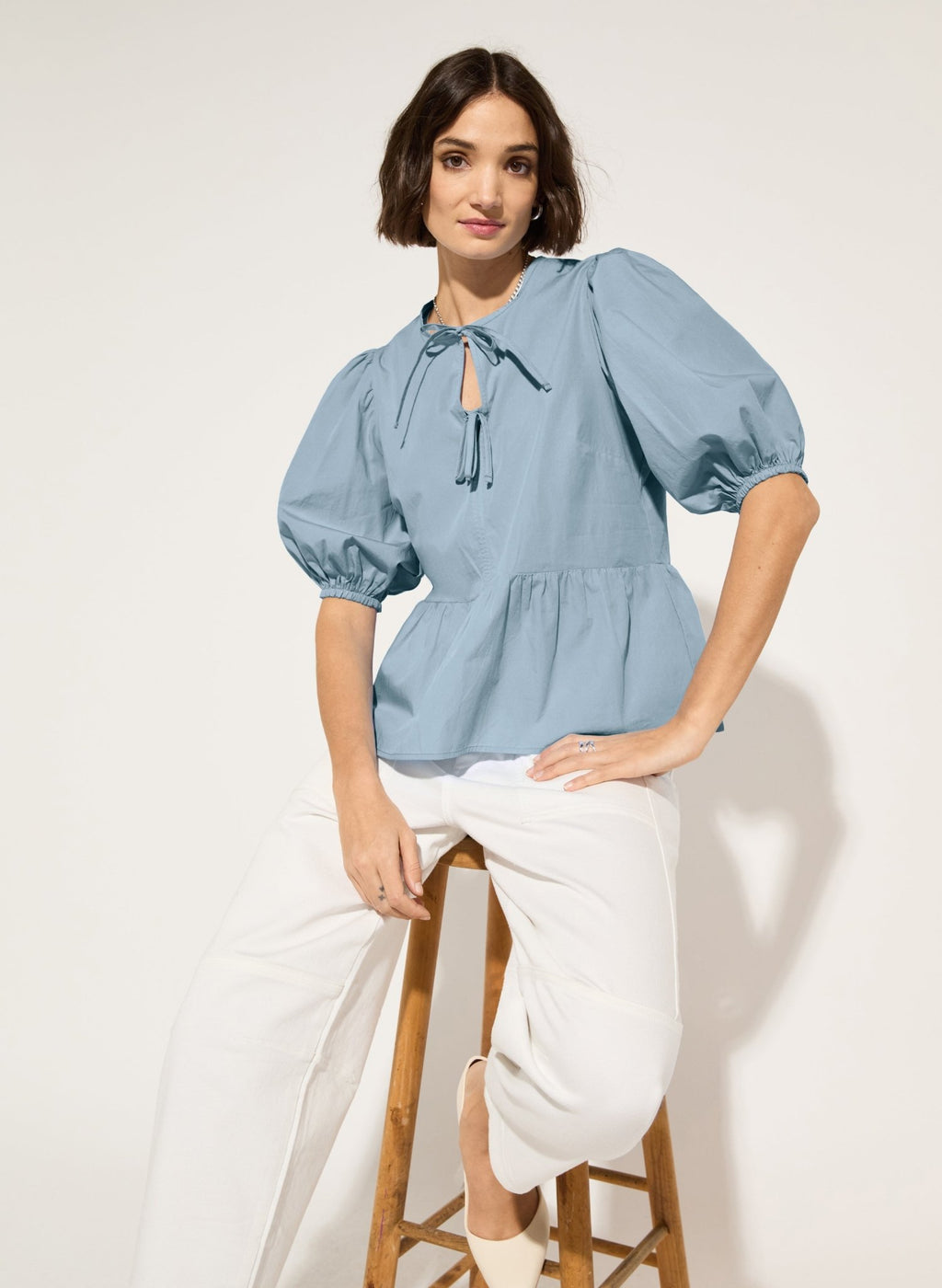 Azura Organic Cotton Tie Detail Blouse - Fresh Blue Baukjen