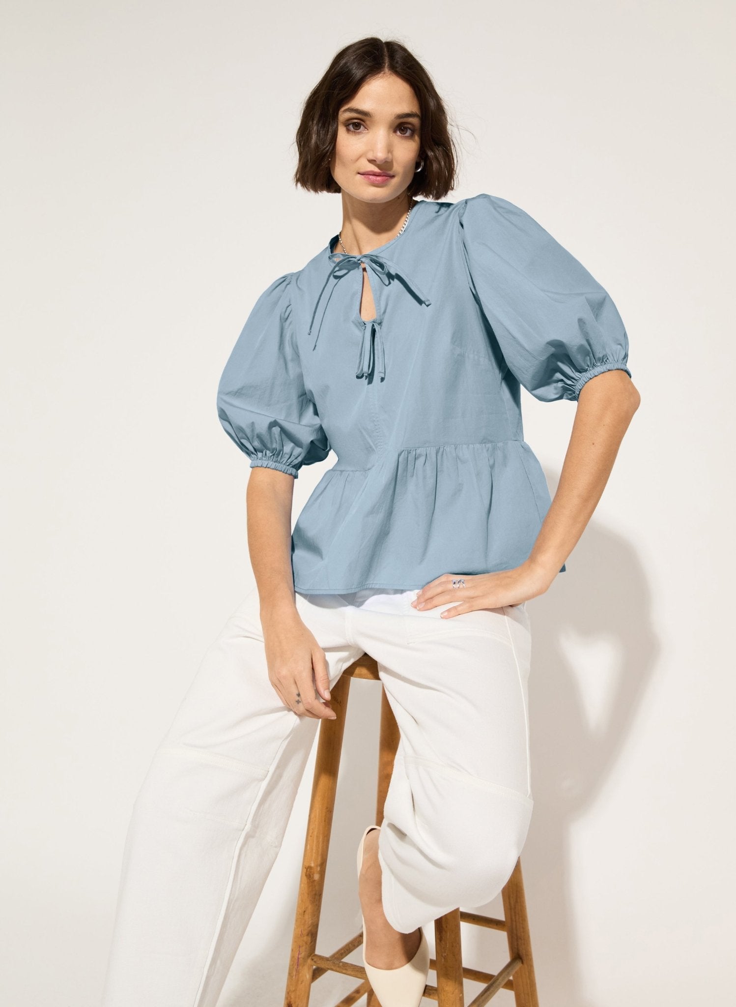 Azura Organic Cotton Tie Detail Blouse - Fresh Blue Baukjen