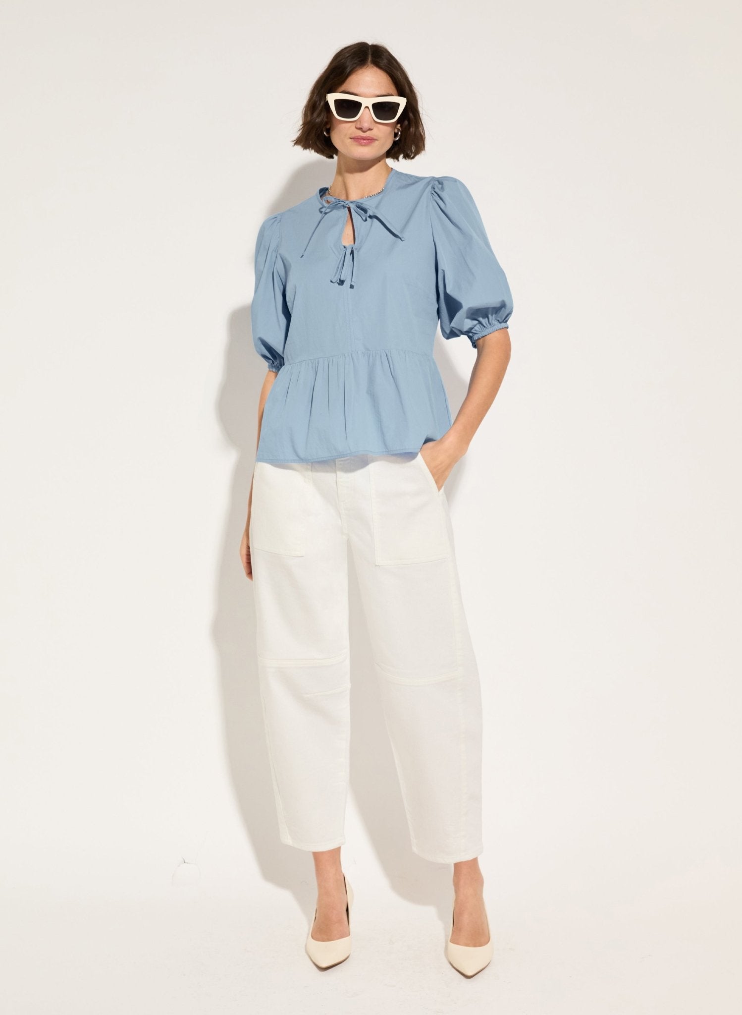 Azura Organic Cotton Tie Detail Blouse - Fresh Blue Baukjen