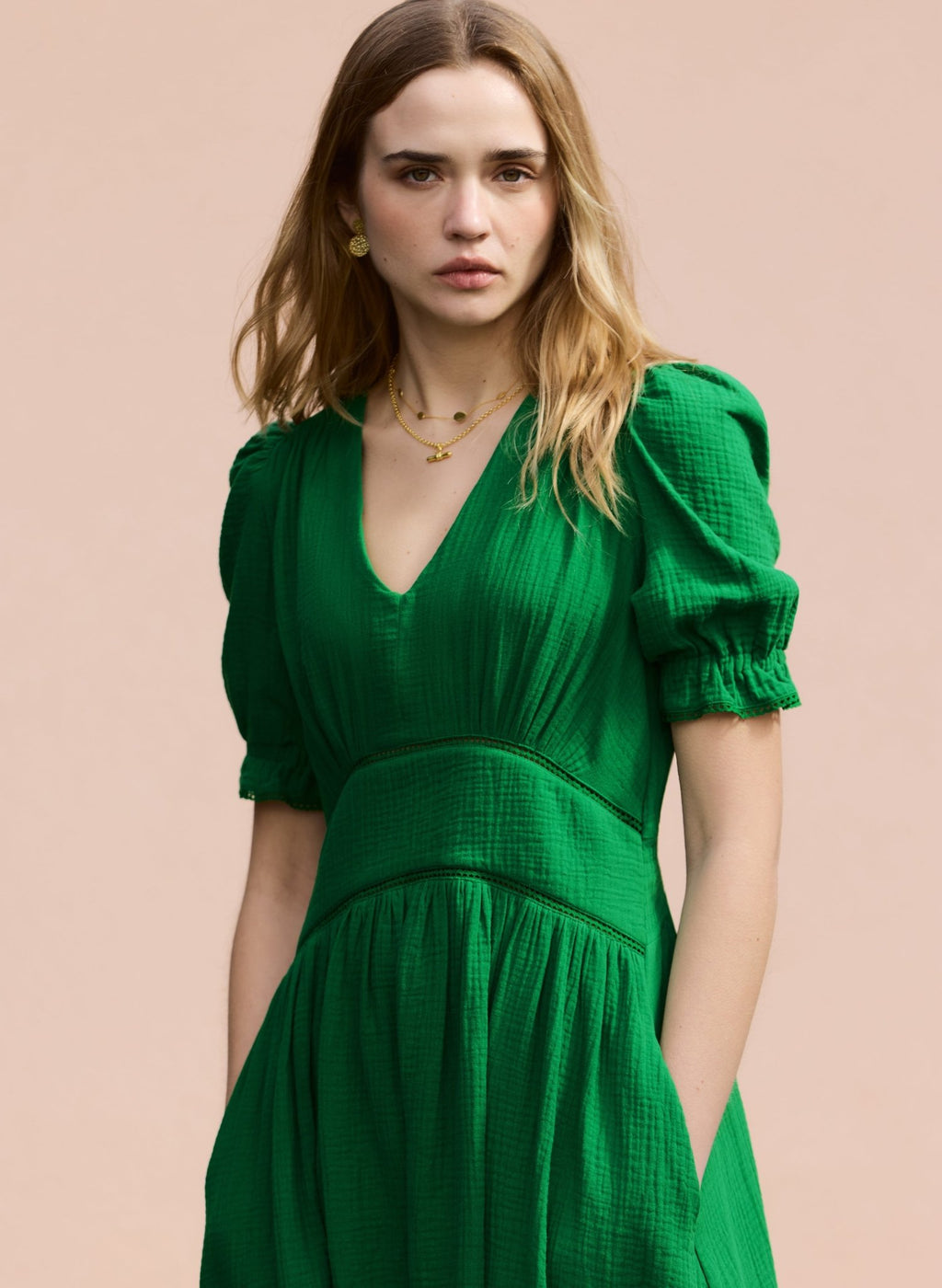 Bella Organic Cheesecloth Midi Dress - Bright Emerald Baukjen