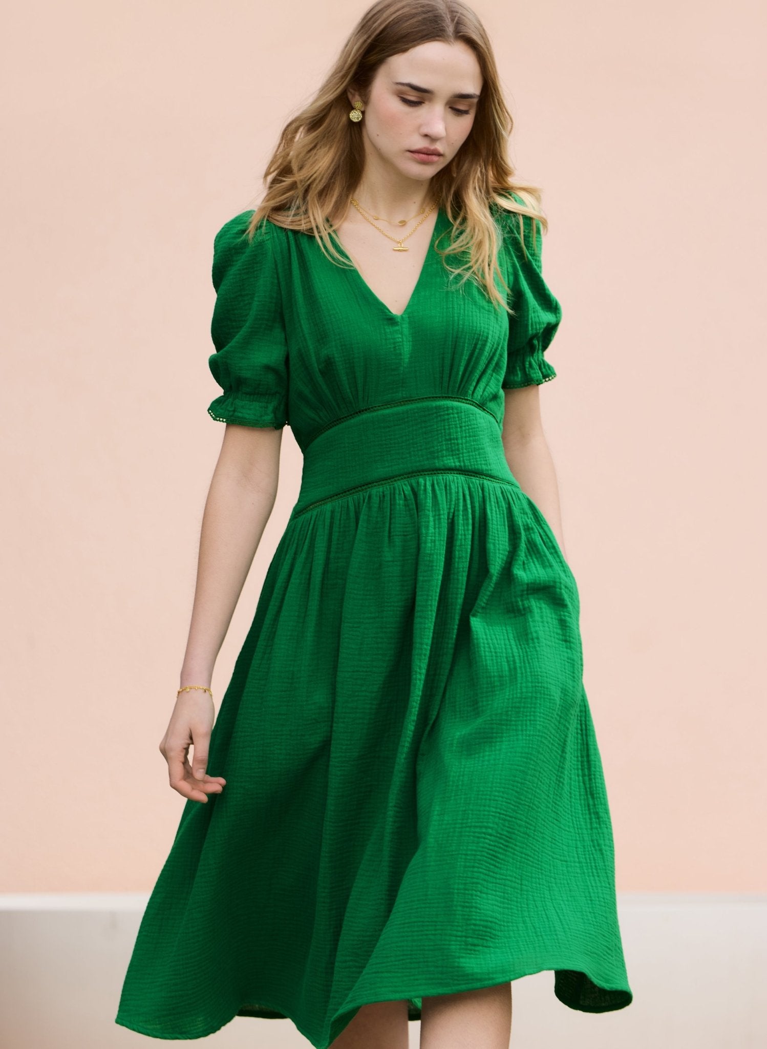 Bella Organic Cheesecloth Midi Dress - Bright Emerald Baukjen
