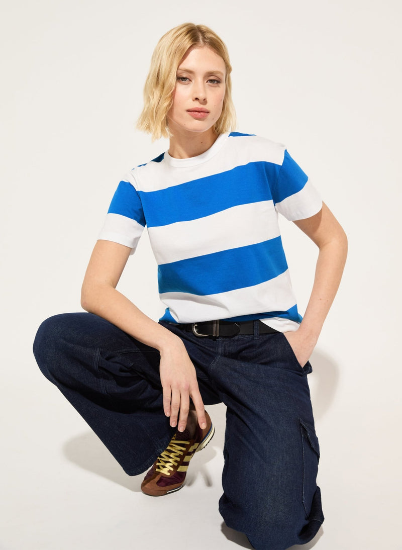 Beryl Regenerative Cotton Tee - Pure White & Azure Blue Stripe Baukjen