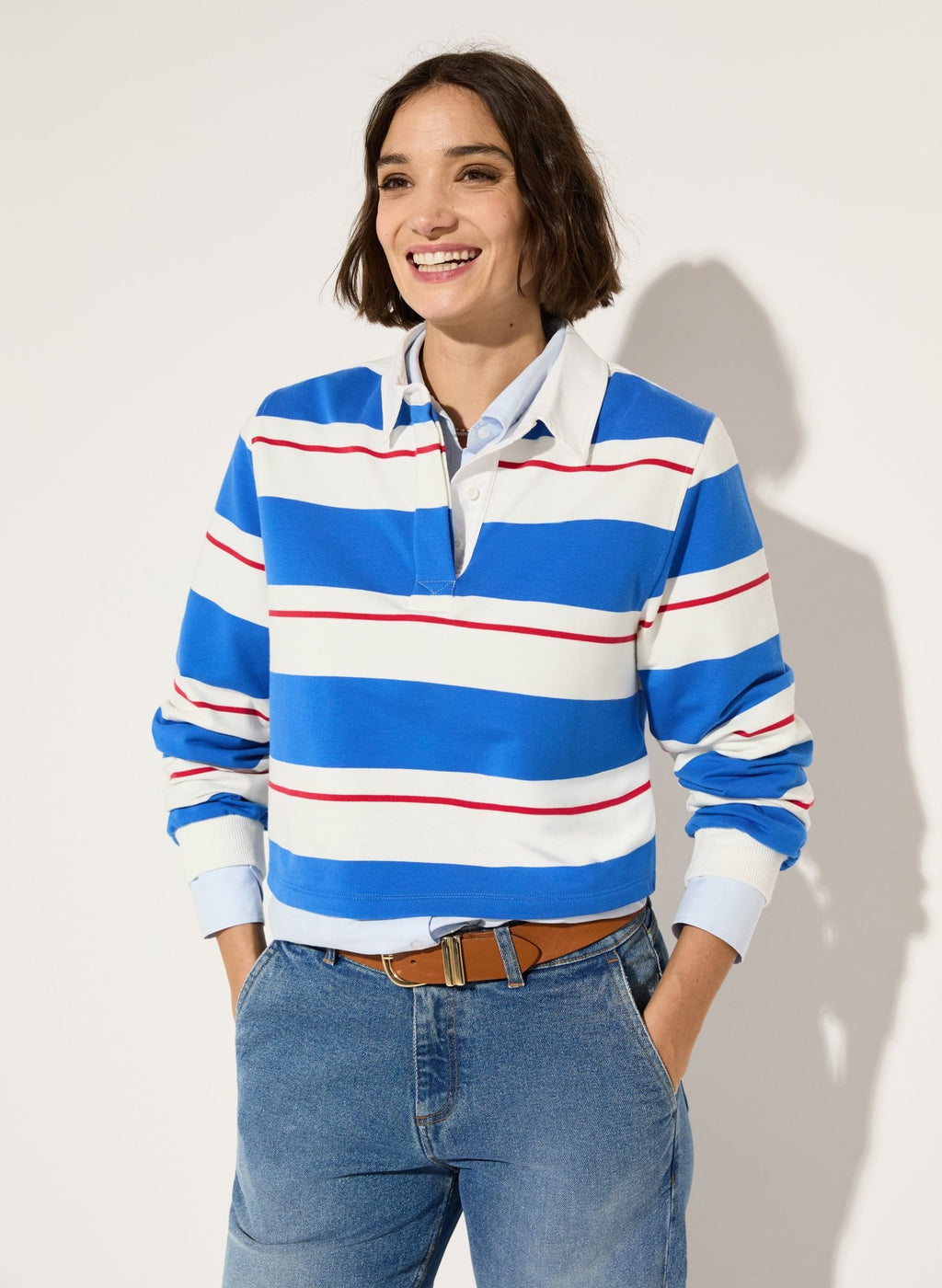Bluebell Organic Cotton Cropped Rugby Top - Azure Blue, White & Crimson Baukjen