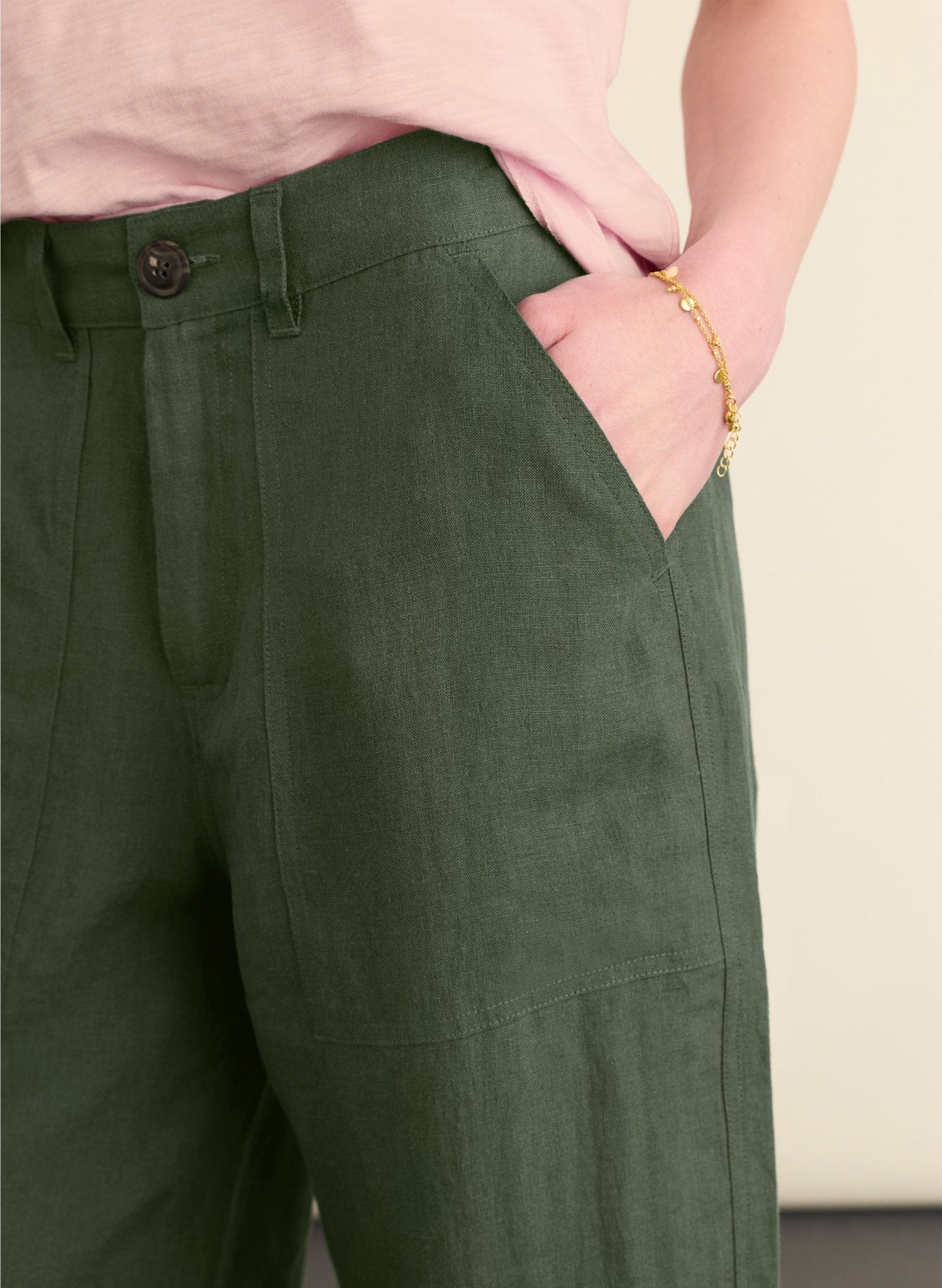 Brett Linen Barrel Leg Trousers - Deep Khaki Baukjen