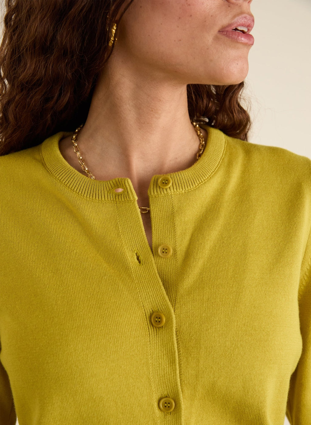 Briar Organic Cotton Crew Neck Cardigan - Chartreuse Baukjen