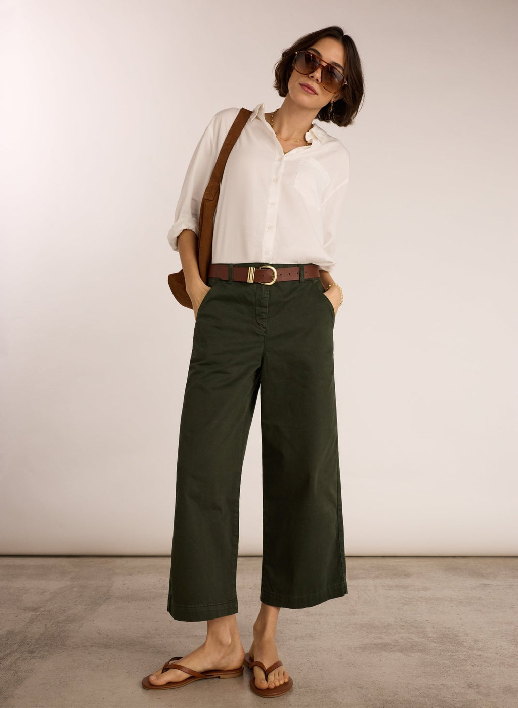 Brielle Organic Cotton Wide Leg Trousers - Deep Khaki Baukjen