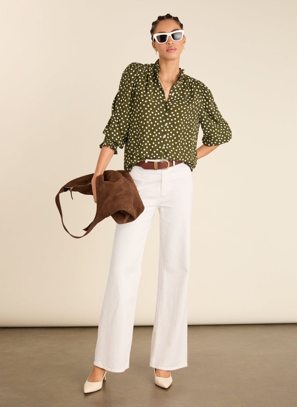 Cela Printed Blouse - Dark Olive Polka Baukjen