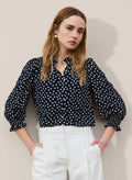 Cela Puff Sleeve Blouse - Classic Navy Polka Baukjen