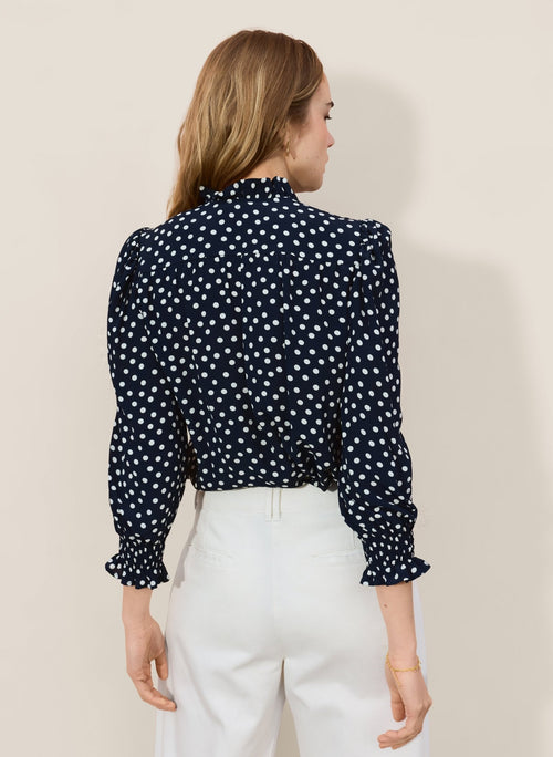 Cela Puff Sleeve Blouse - Classic Navy Polka Baukjen
