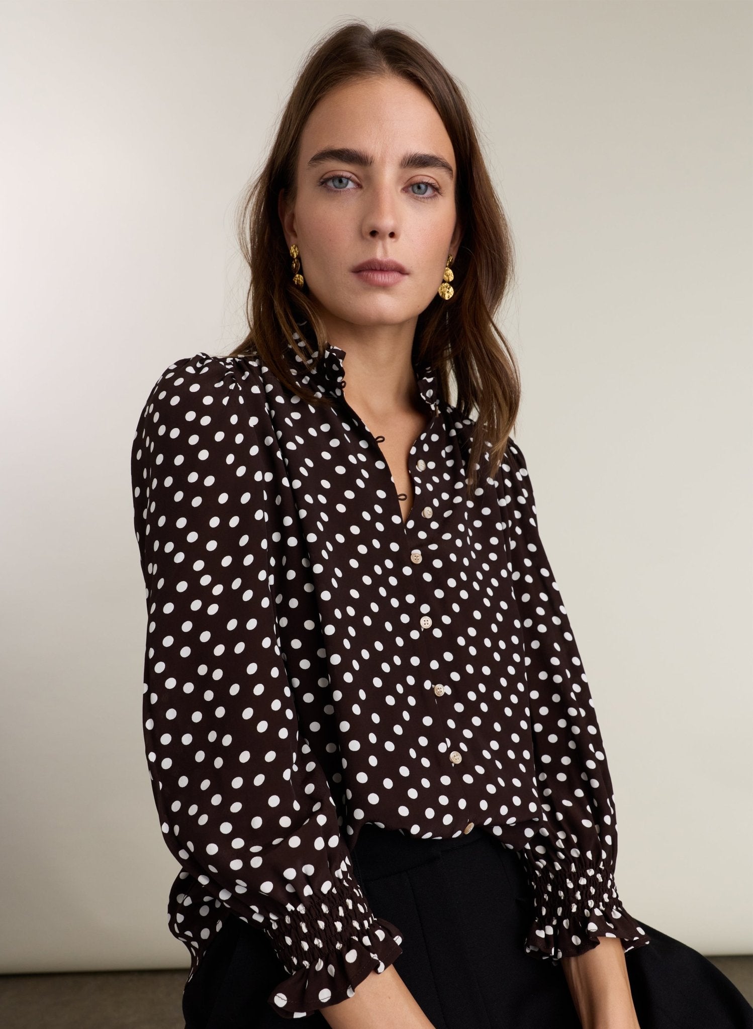 Cela Puff Sleeve Blouse - Dark Chocolate Polka | Baukjen
