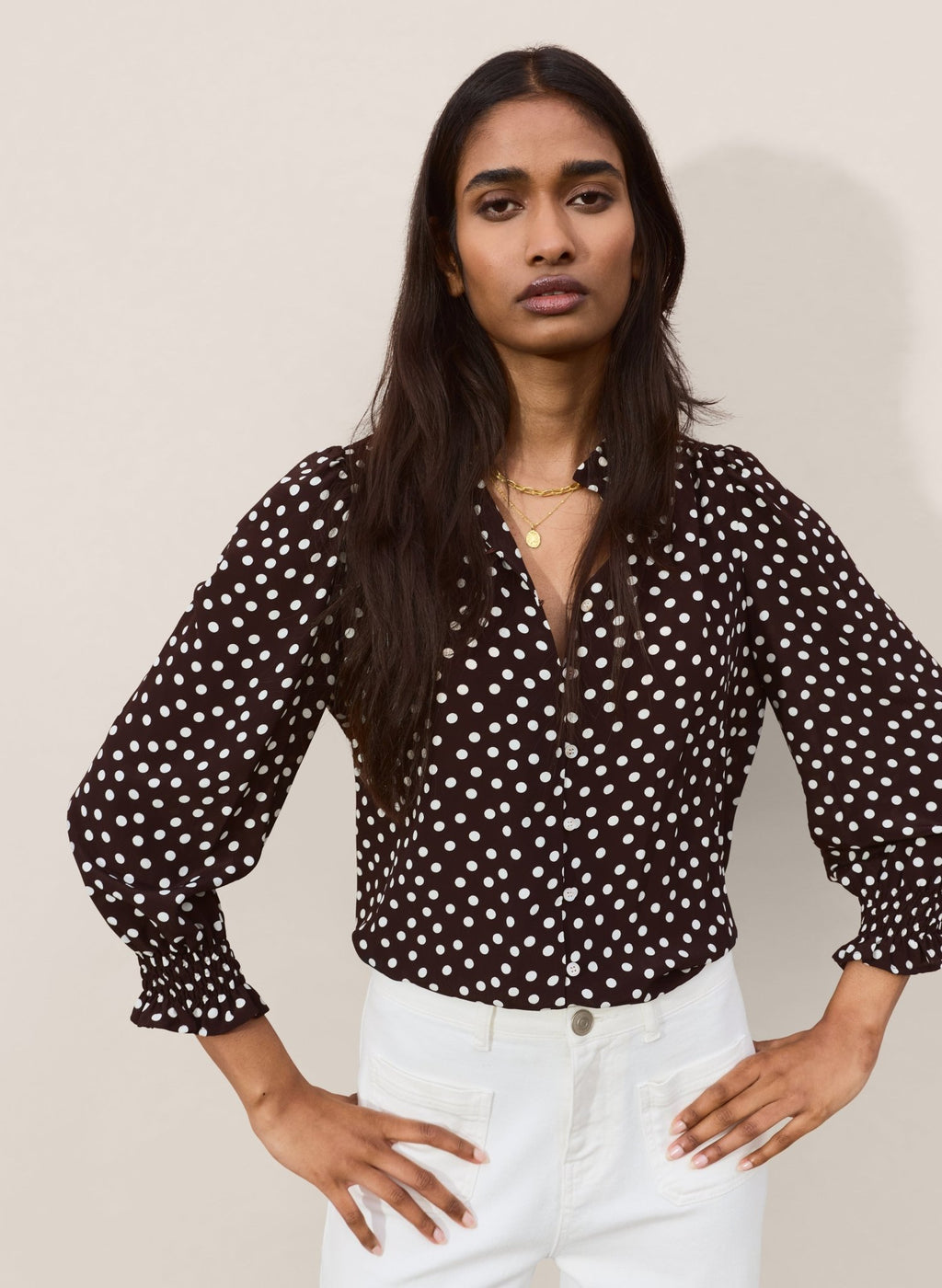 Cela Puff Sleeve Blouse - Dark Chocolate Polka Baukjen