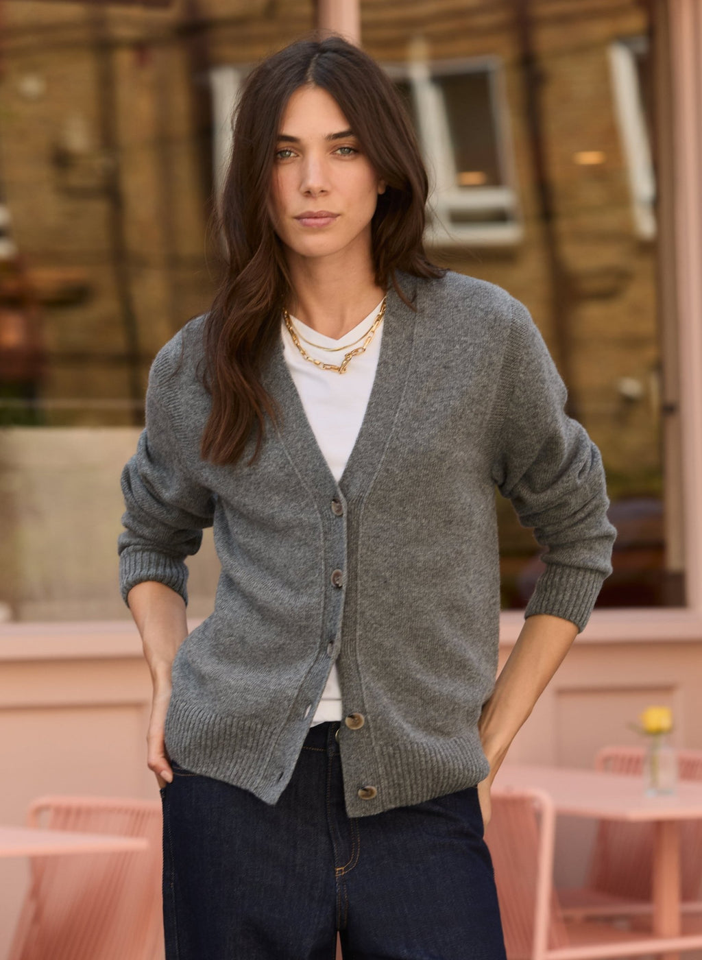 Celine V - neck Wool Blend Cardigan - Grey Marl Baukjen