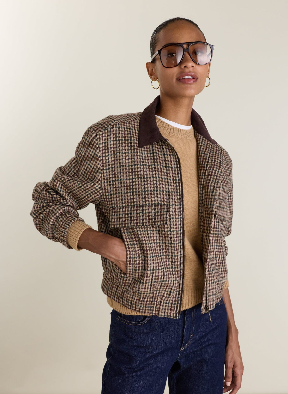 Charlie Puppytooth Bomber Jacket - Neutral Puppytooth Check Baukjen