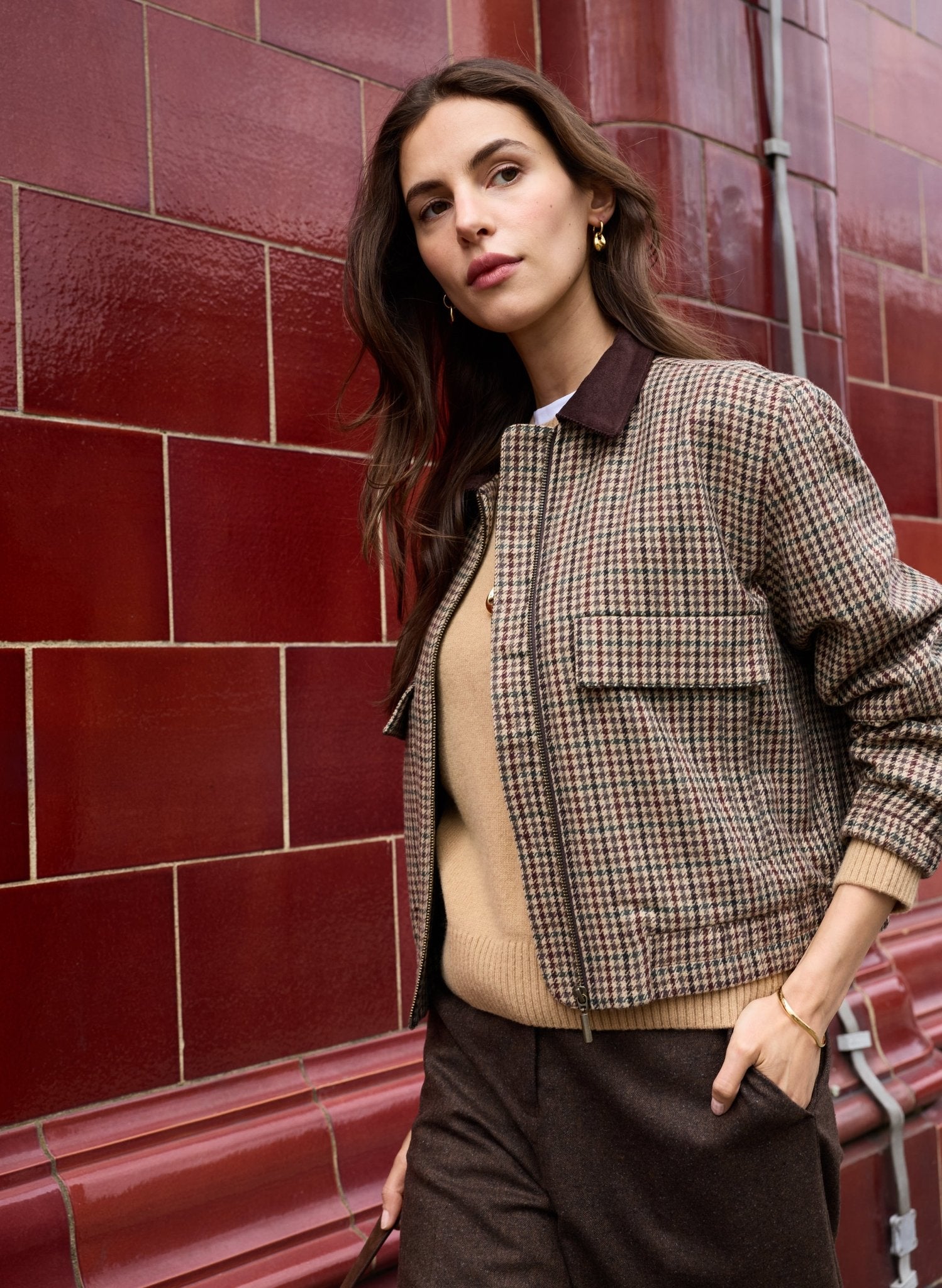 Charlie Puppytooth Bomber Jacket - Neutral Puppytooth Check Baukjen