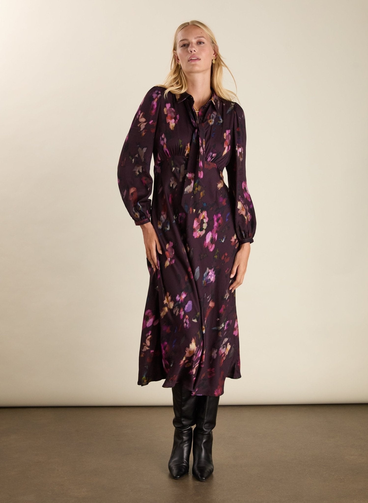 Charlotte Printed Midi Dress - Plum Watercolour Floral Baukjen