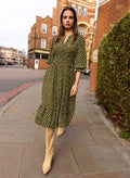 Christine Printed Midi Dress - Dark Olive Polka Baukjen