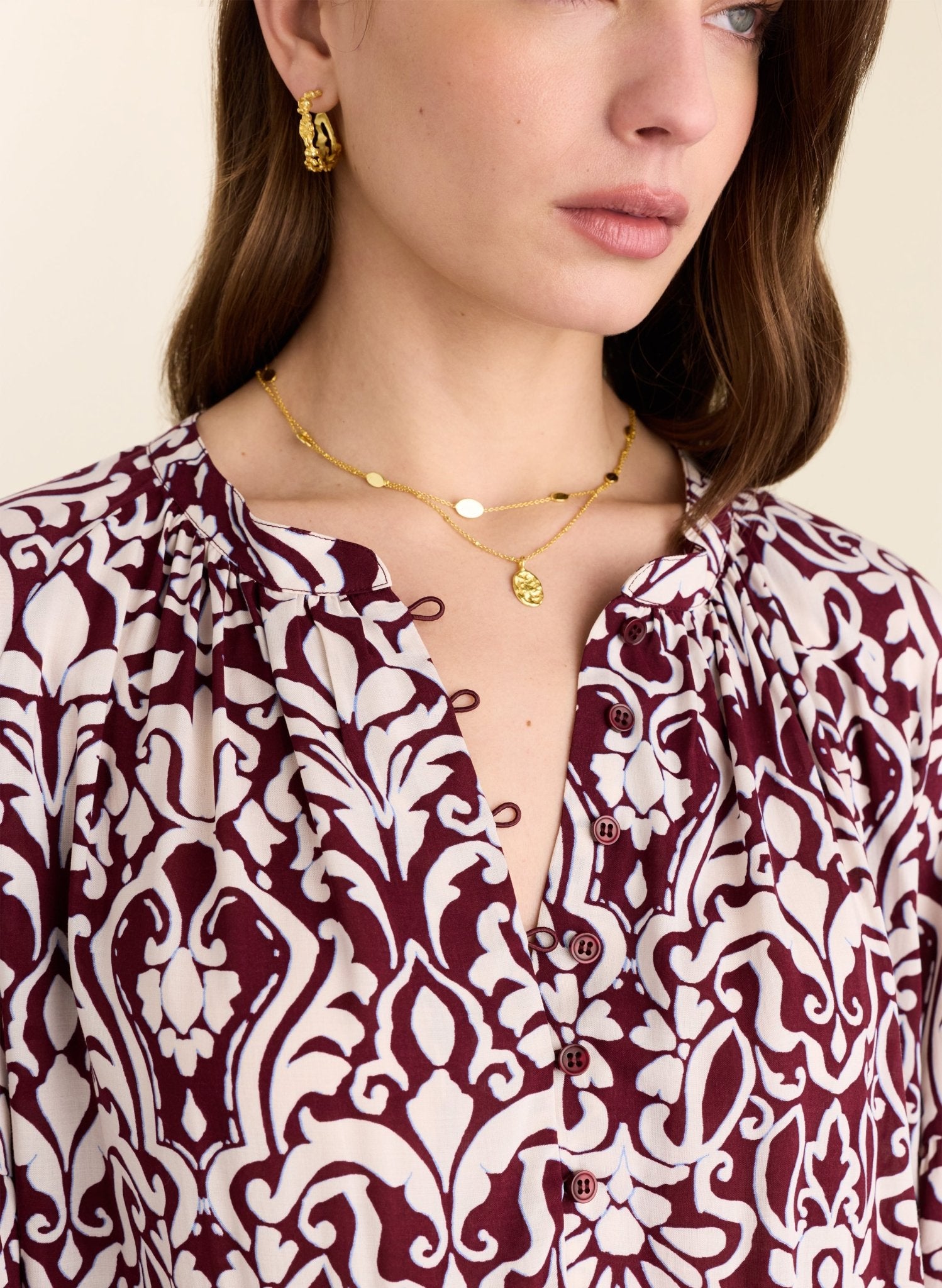 Claudia Printed Blouse - Burgundy Damask Baukjen