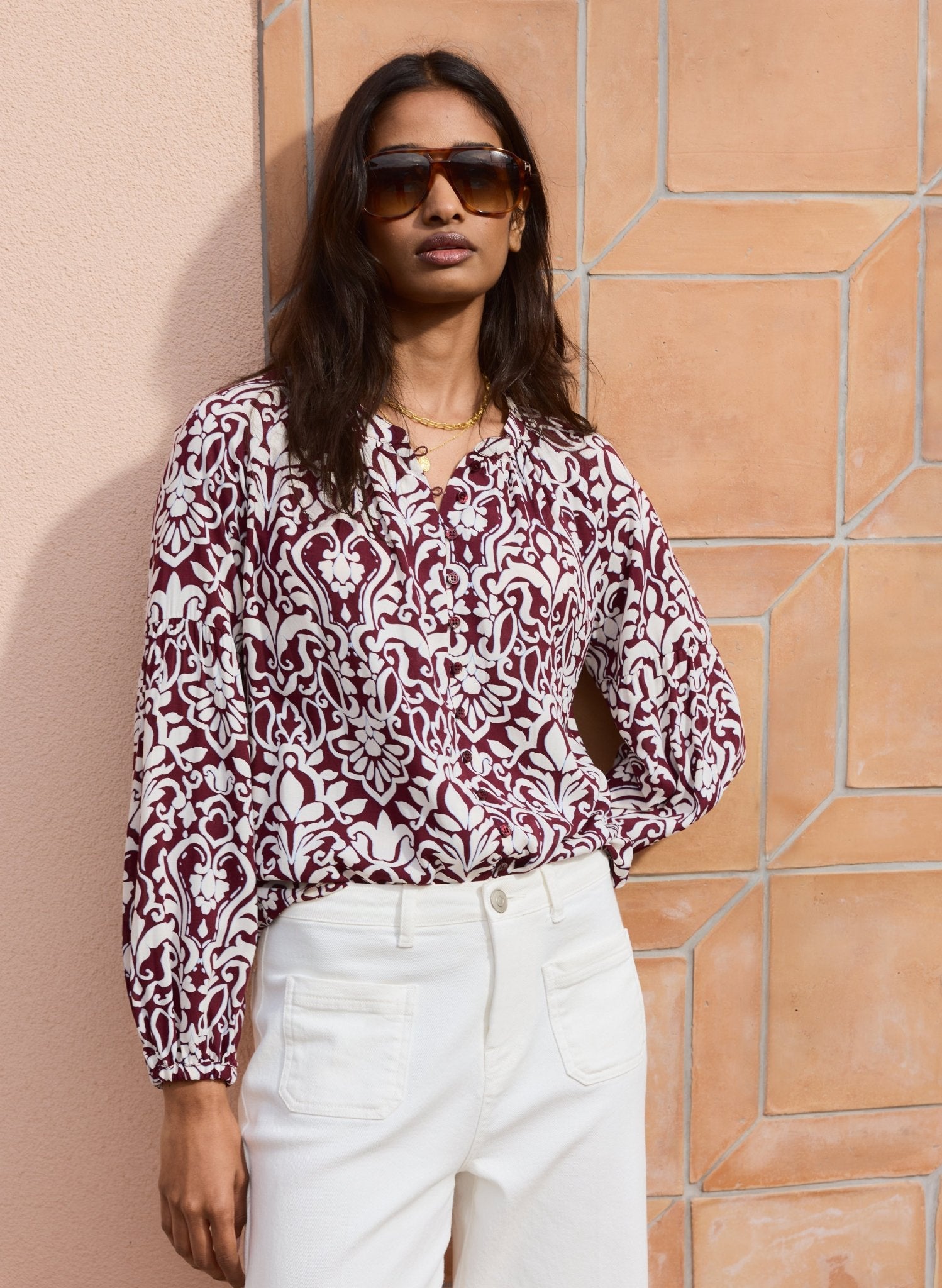 Claudia Printed Blouse - Burgundy Damask Baukjen