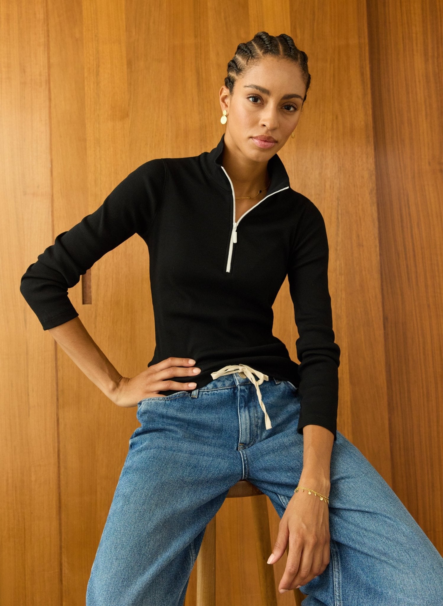 Clayton Organic Cotton Zip Turtleneck Top - Caviar Black Baukjen