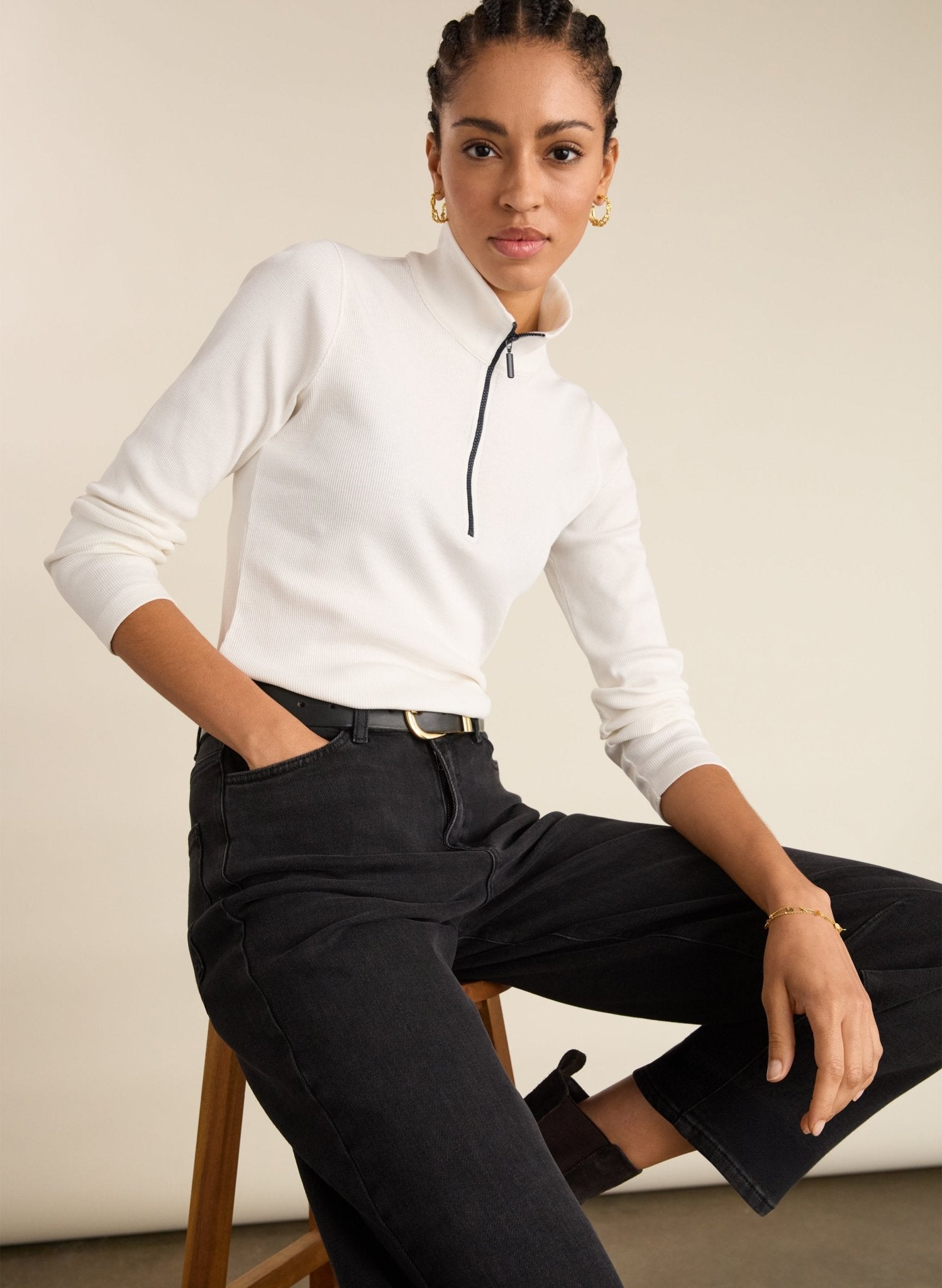 Clayton Organic Cotton Zip Turtleneck Top - Soft White Baukjen