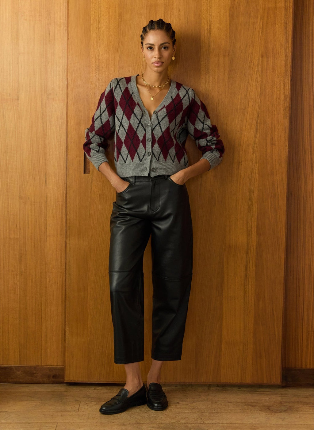 Clemence Wool Blend Argyle Cardigan - Grey & Burgundy Baukjen