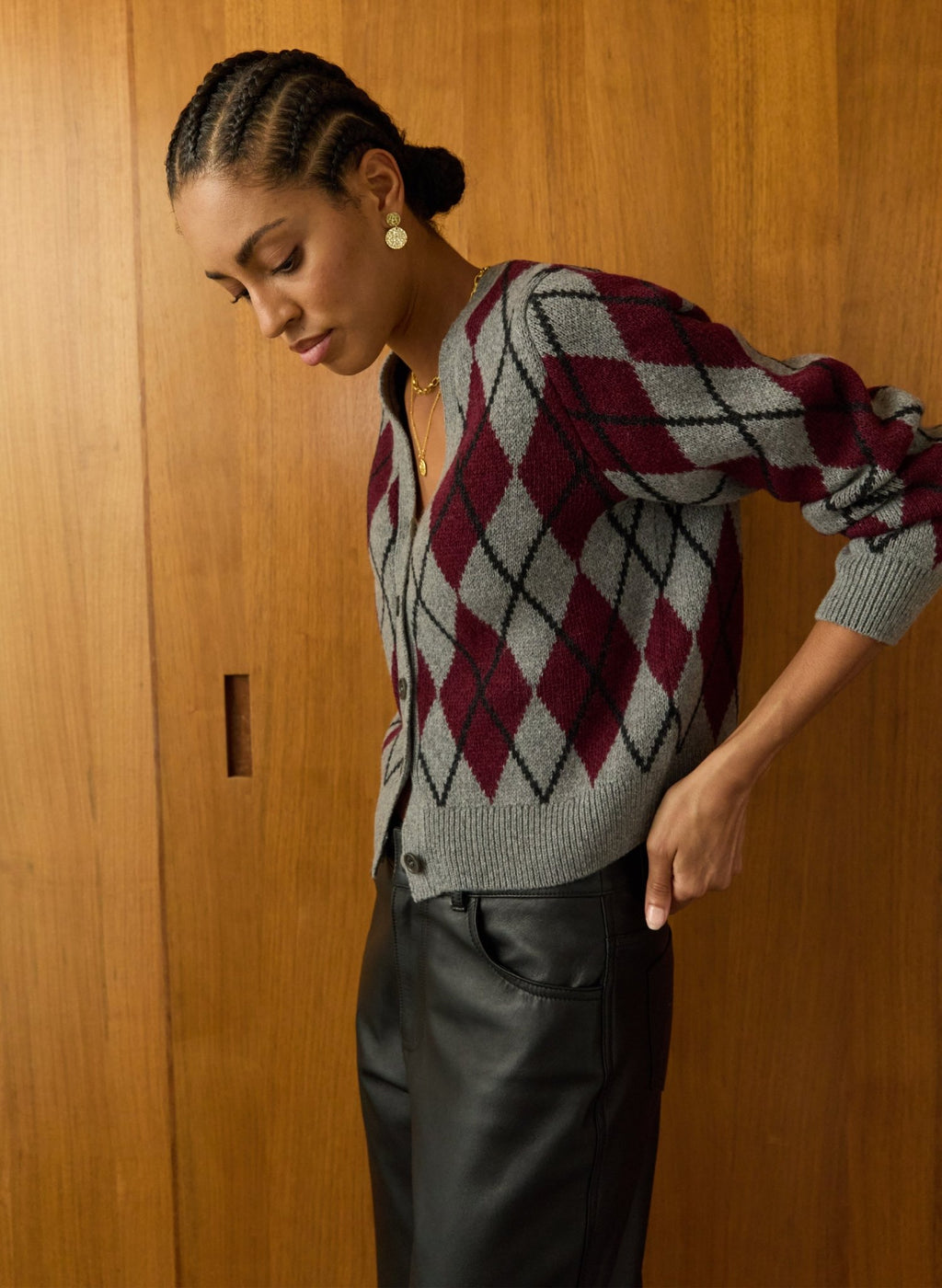 Clemence Wool Blend Argyle Cardigan - Grey & Burgundy Baukjen