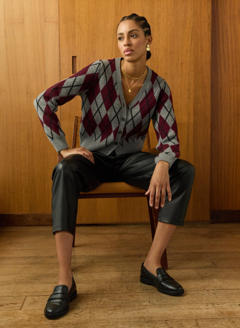 Clemence Wool Blend Argyle Cardigan - Grey & Burgundy Baukjen