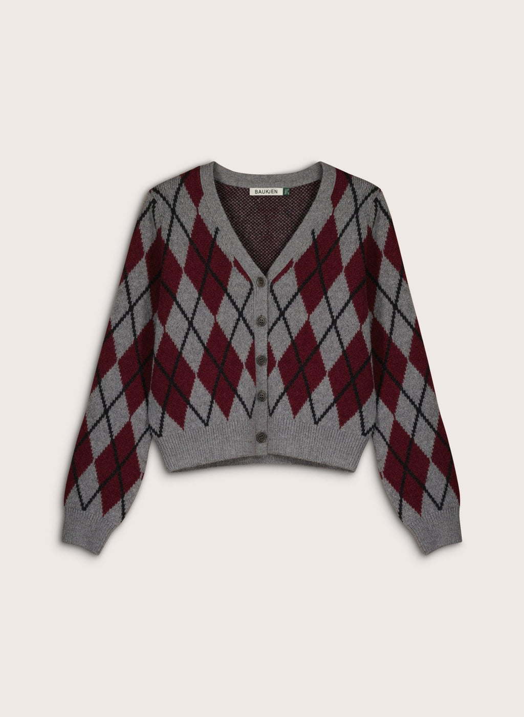 Clemence Wool Blend Argyle Cardigan - Grey & Burgundy Baukjen