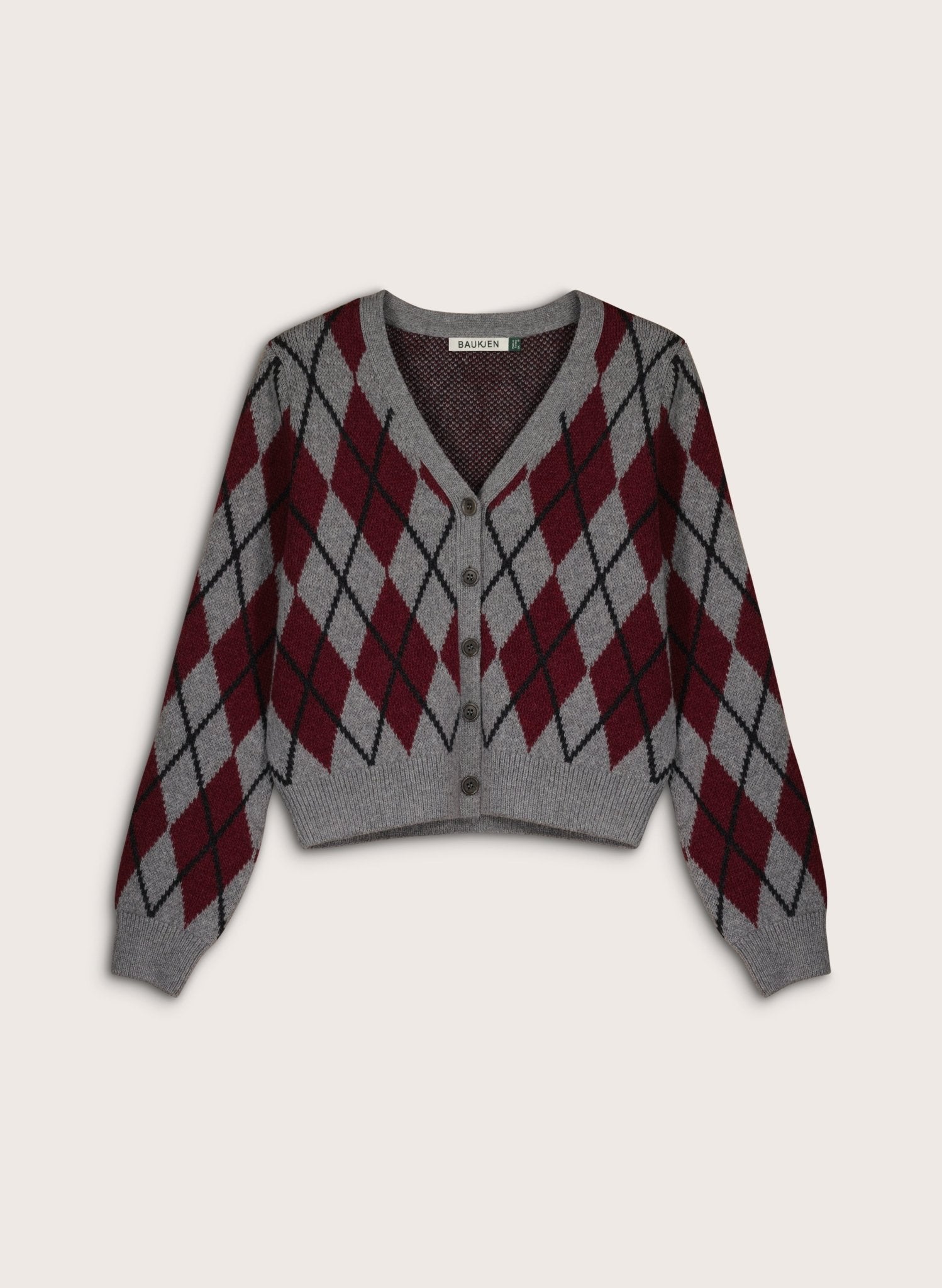 Clemence Wool Blend Argyle Cardigan - Grey & Burgundy Baukjen
