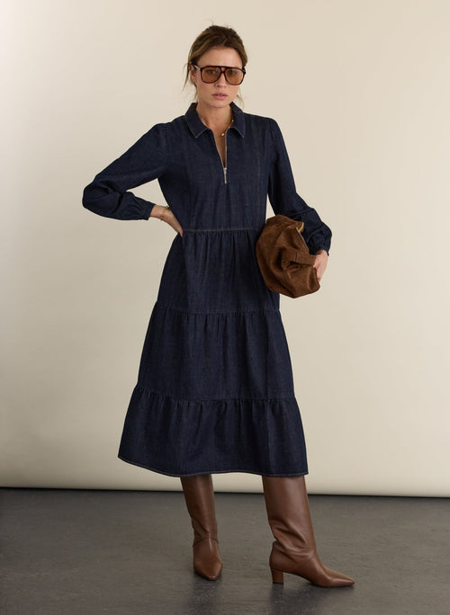 Cody Quarter Zip Denim Midi Dress - Dark Denim Baukjen