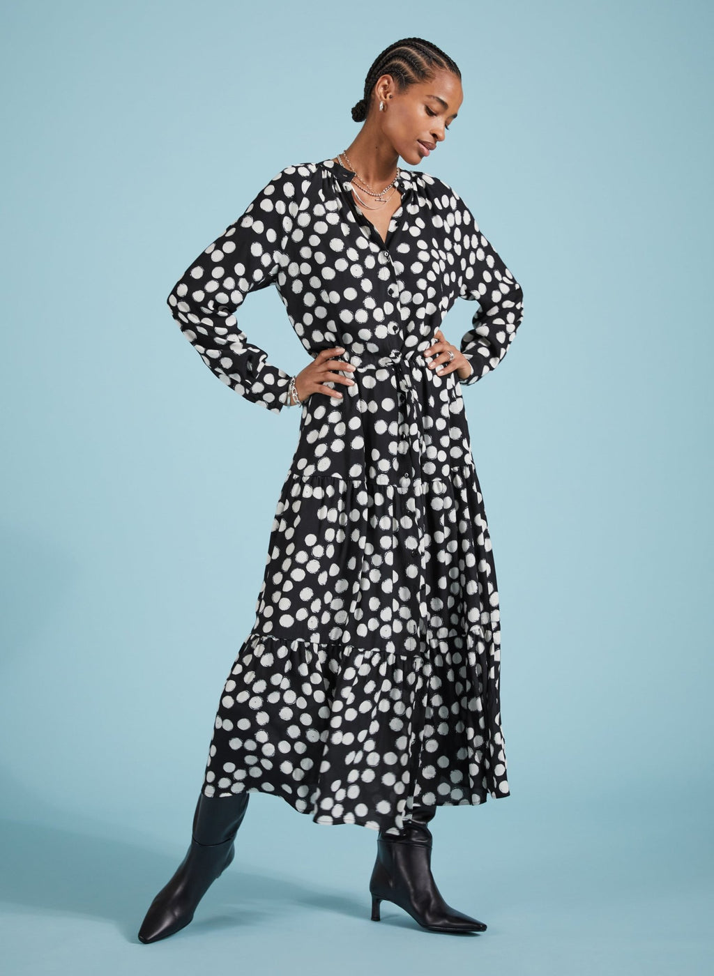Cornelia Maxi Shirt Dress - Black Painted Polka Baukjen