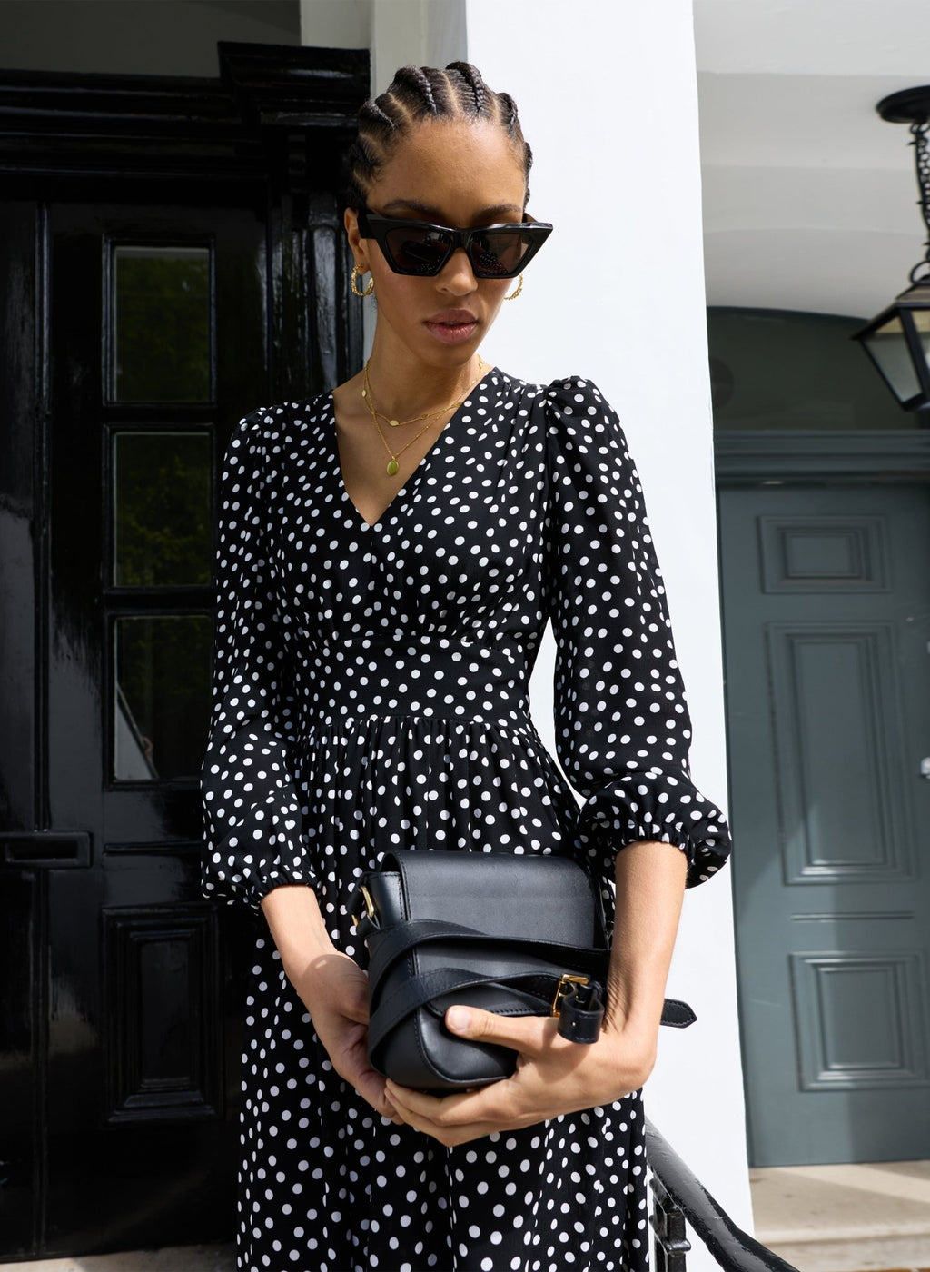 Daryl Printed Midi Dress - Black Polka Baukjen