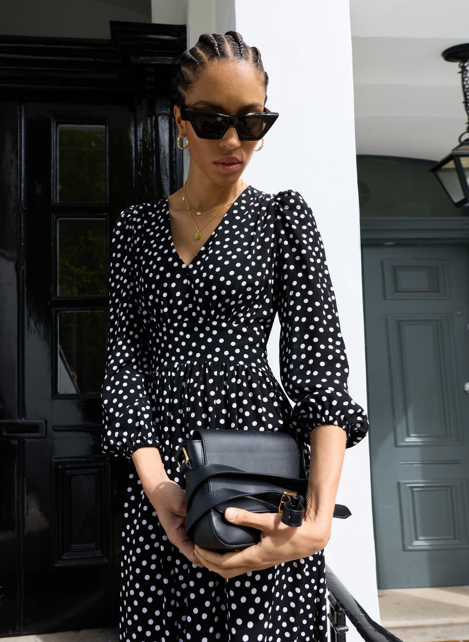 Daryl Printed Midi Dress - Black Polka Baukjen
