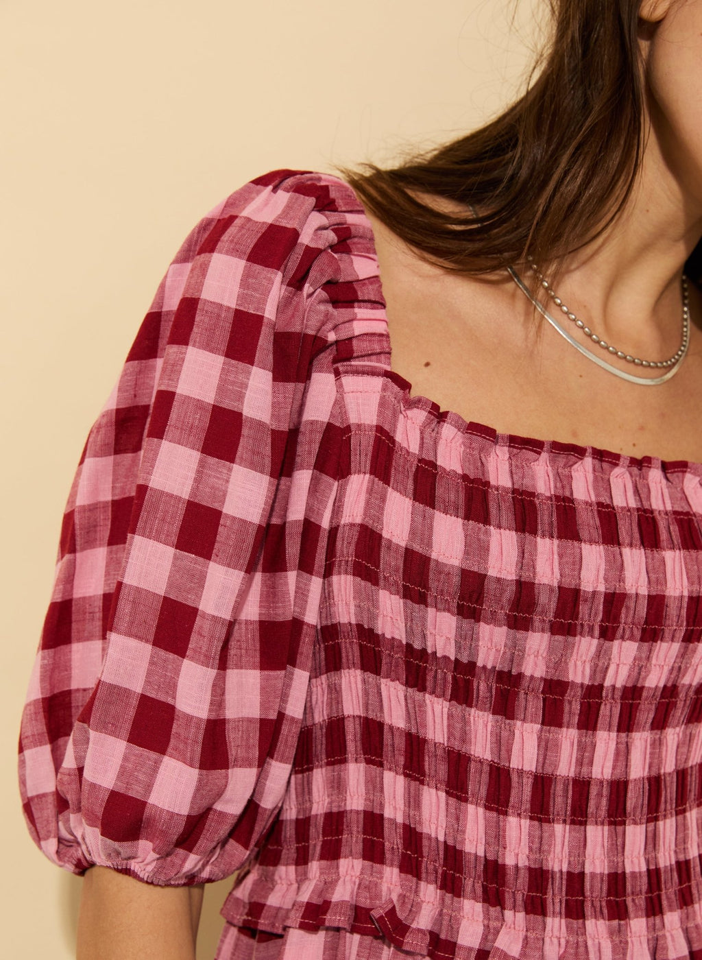 Davina Gingham Midi Dress - Pink & Burgundy Gingham Baukjen