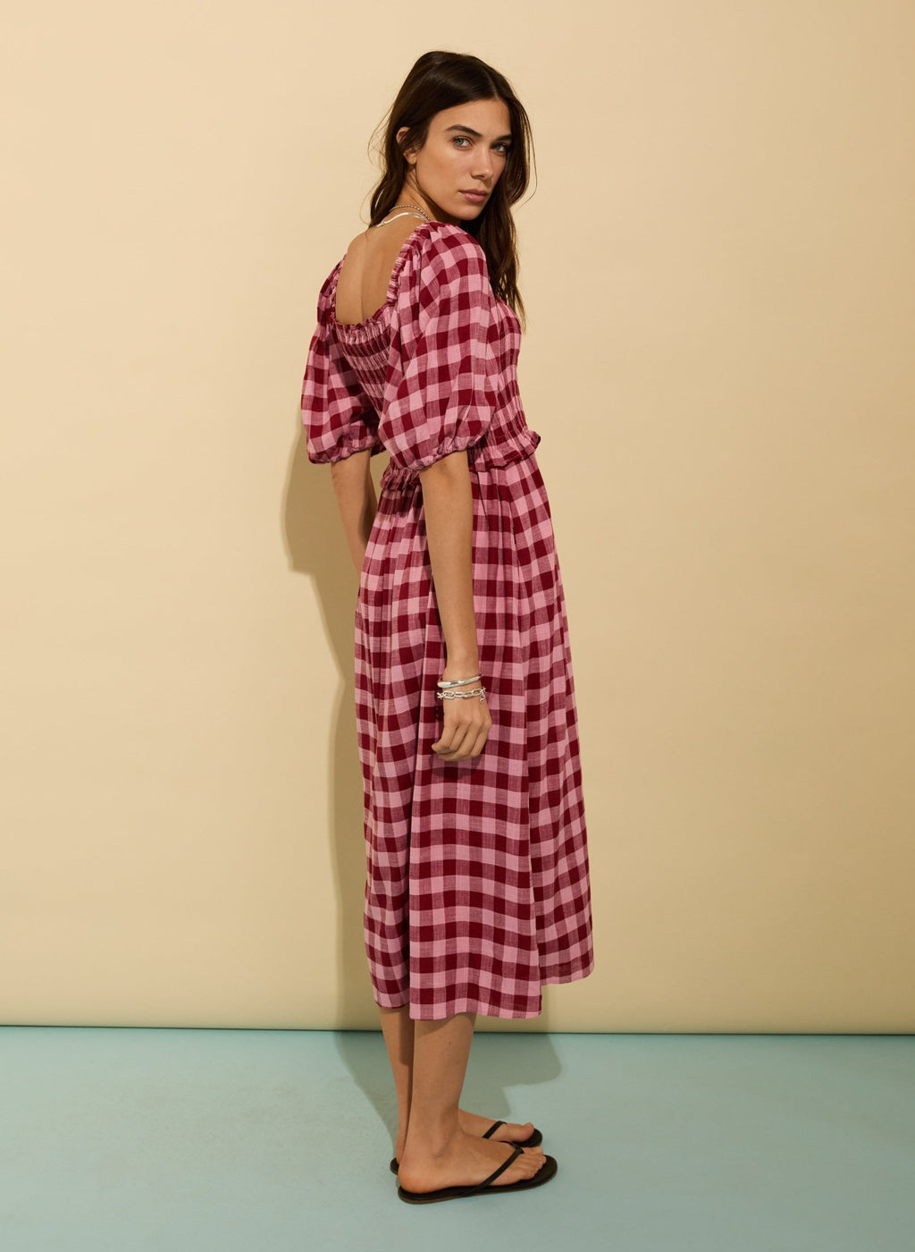Davina Gingham Midi Dress - Pink & Burgundy Gingham Baukjen