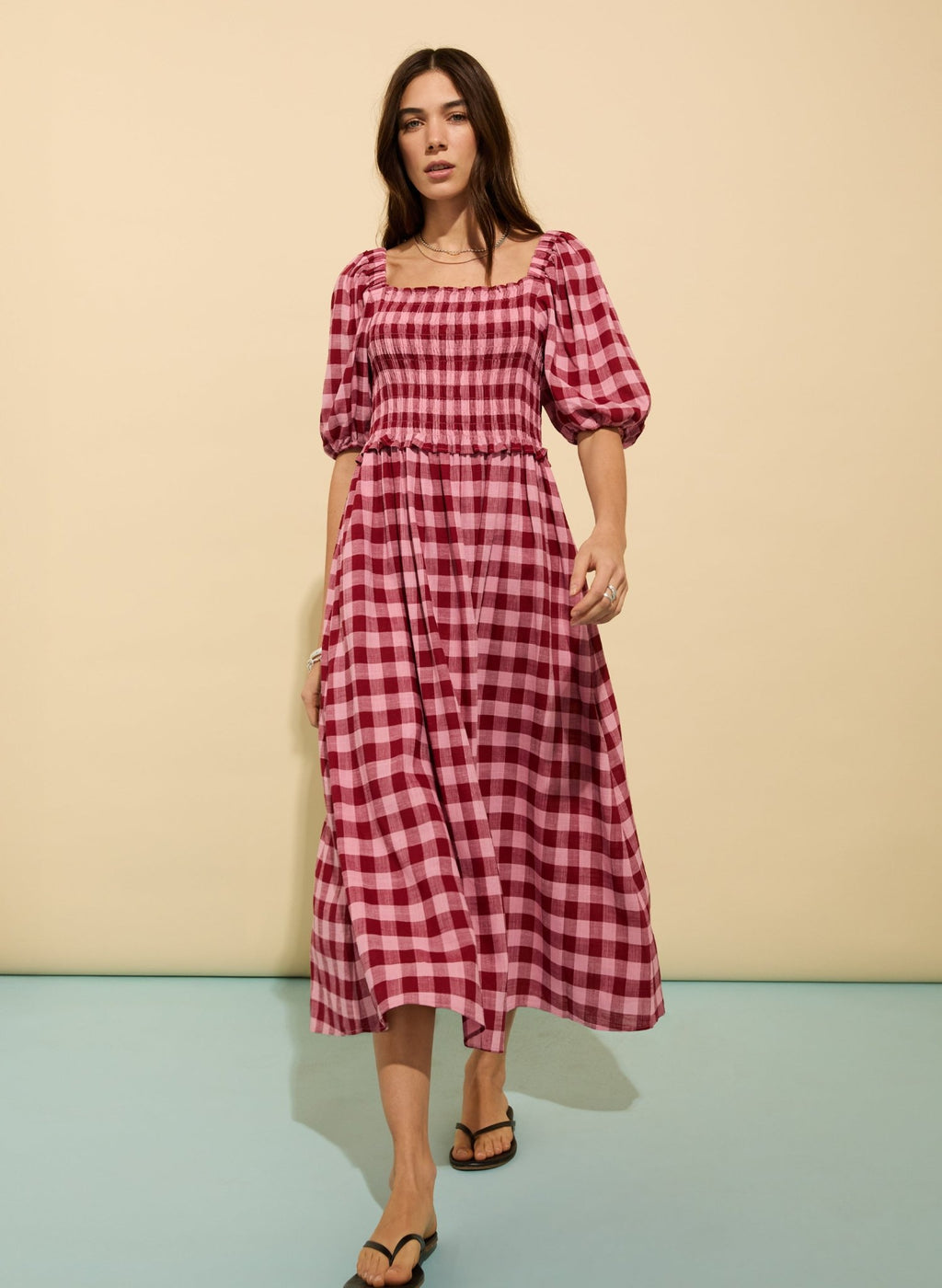 Davina Gingham Midi Dress - Pink & Burgundy Gingham Baukjen