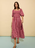 Davina Gingham Midi Dress - Pink & Burgundy Gingham Baukjen