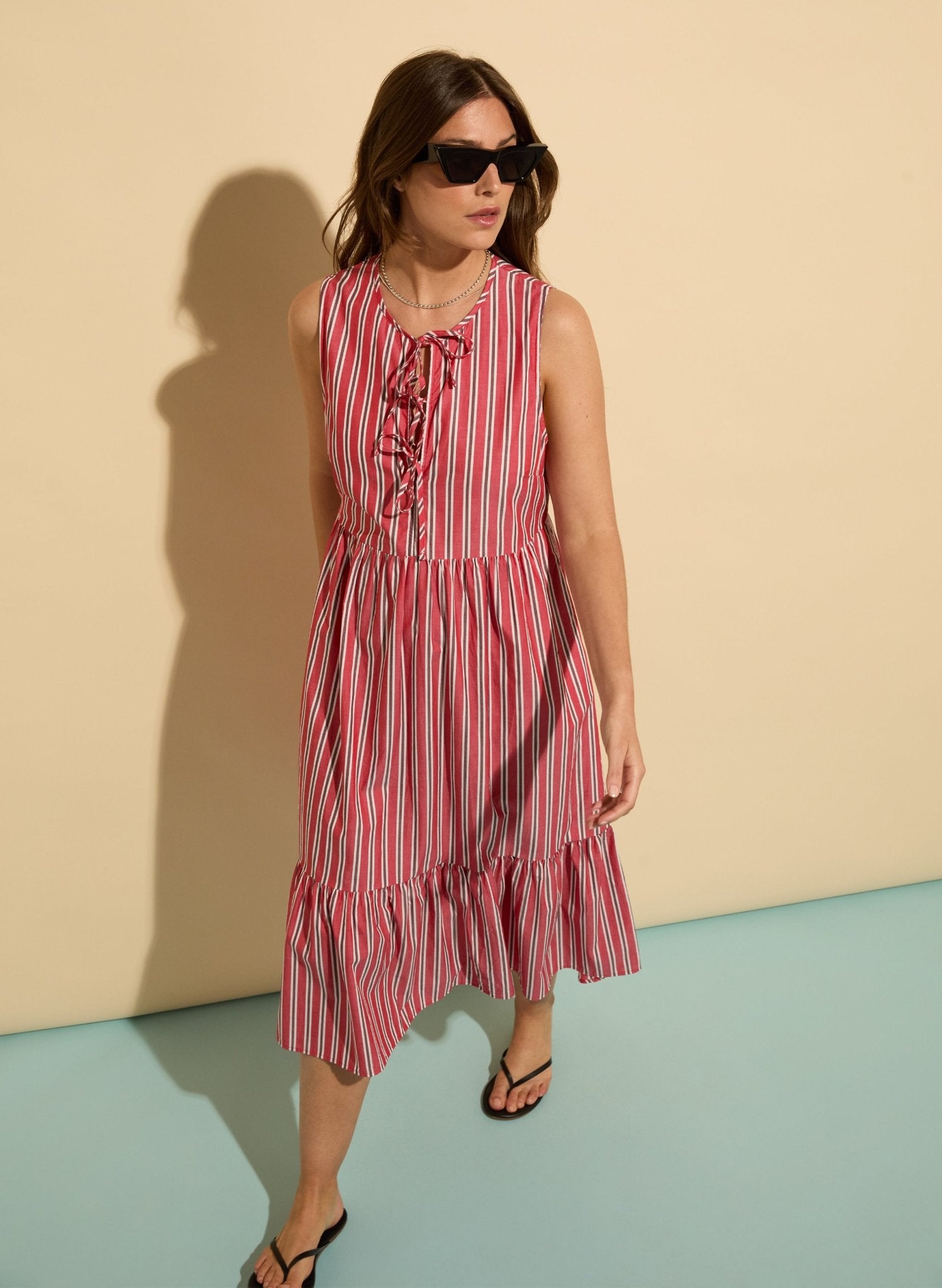 Devi Organic Cotton Tie Midi Dress - Crimson, Garnet & White Stripe Baukjen