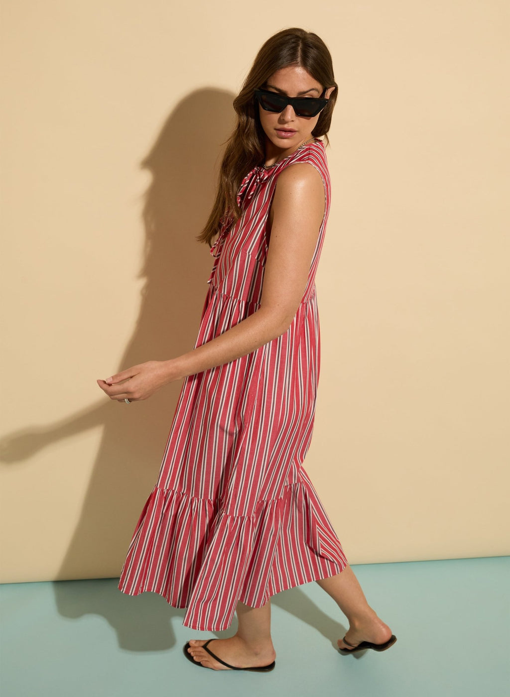 Devi Organic Cotton Tie Midi Dress - Crimson, Garnet & White Stripe Baukjen