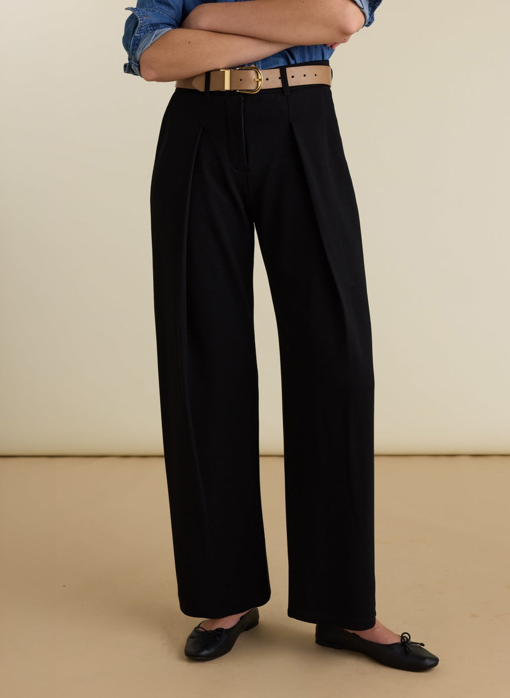 Dina Pleated Wide-Leg Ponte Trousers - Black Baukjen
