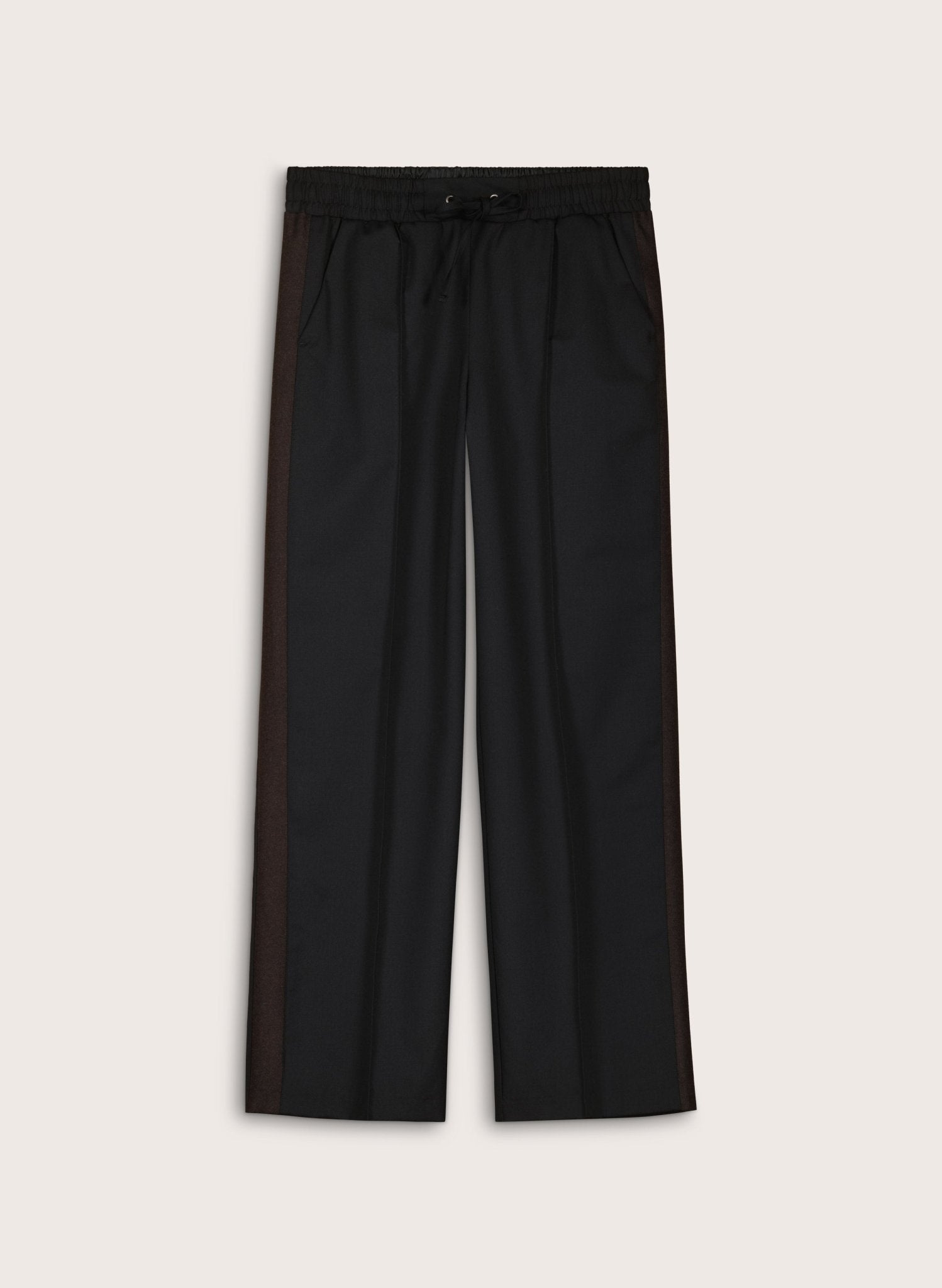 Donna Wool Blend Side Stripe Wide Leg Trousers - Caviar Black & Chocolate Baukjen