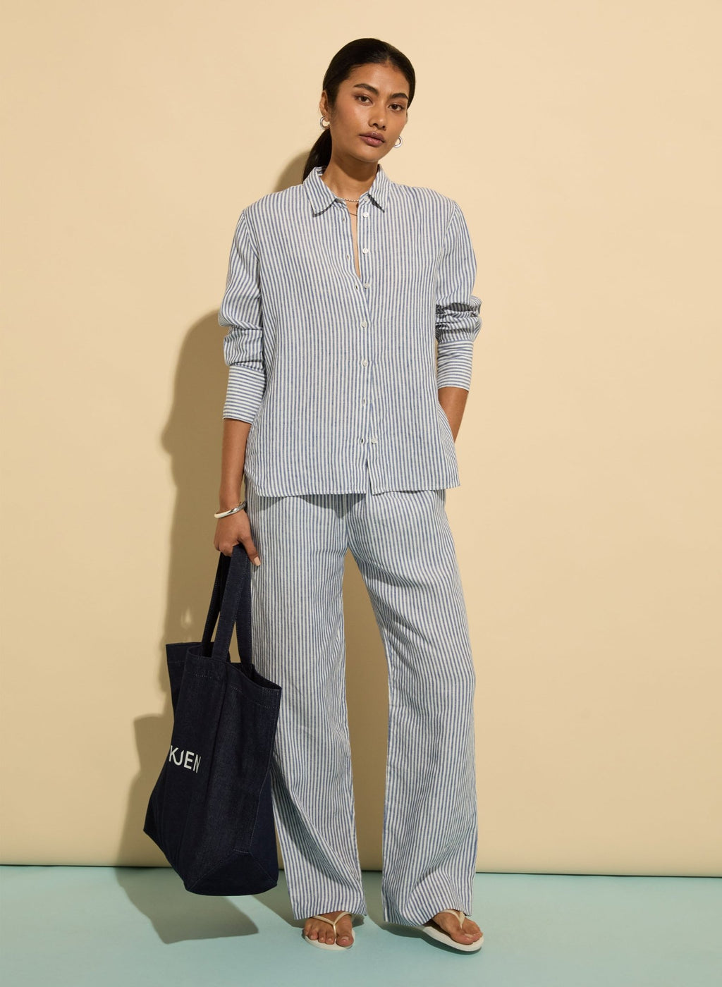 Doretta Linen Trousers - Indigo Stripe Baukjen