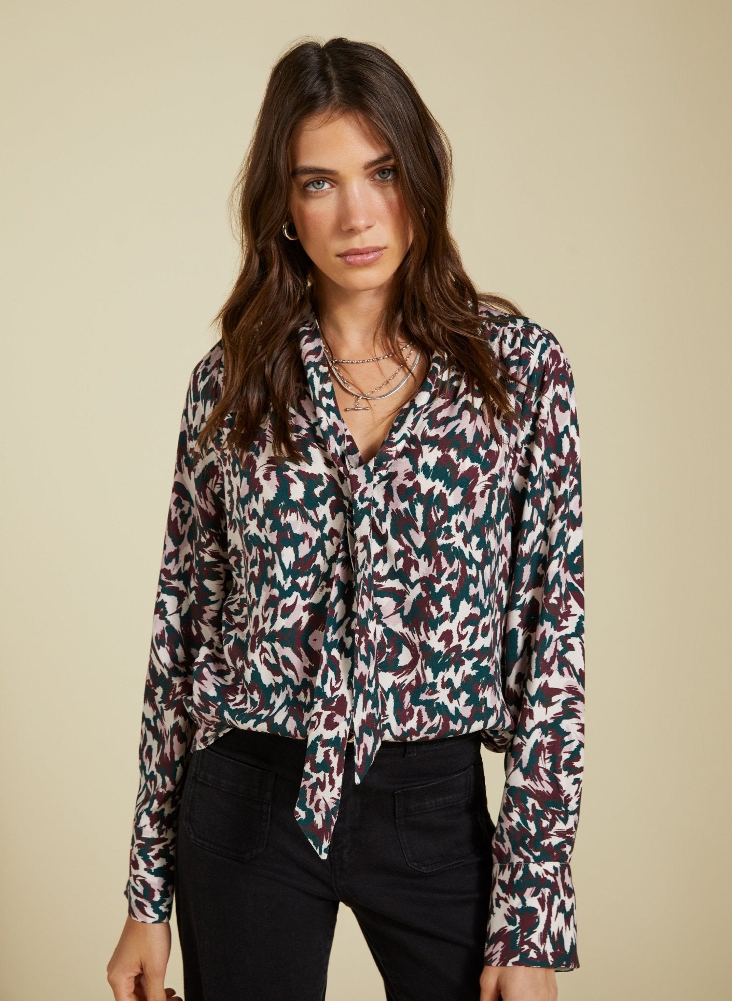 Effie Printed Tie Neck Blouse - Beige Flanimal Baukjen