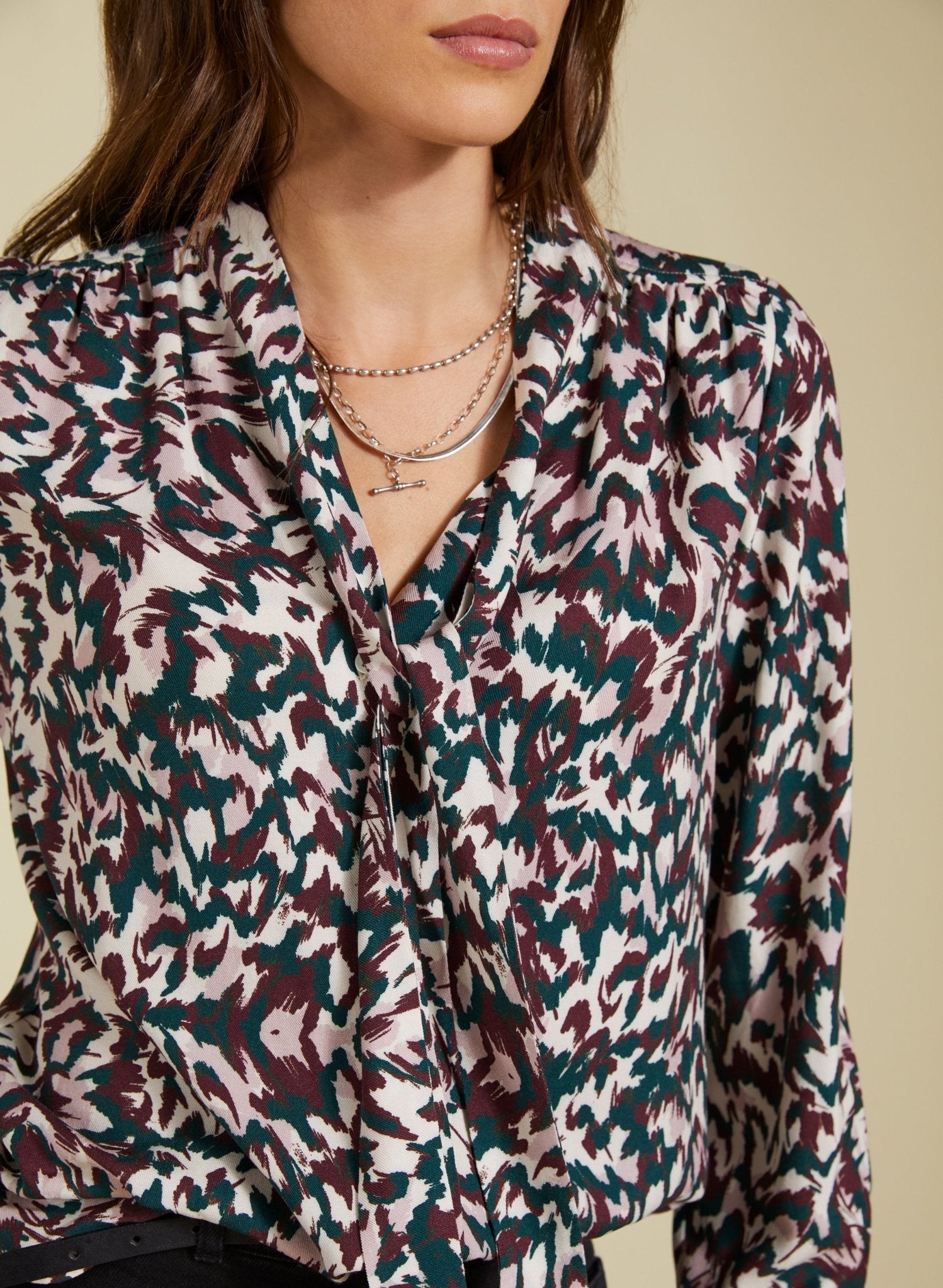 Effie Printed Tie Neck Blouse - Beige Flanimal Baukjen