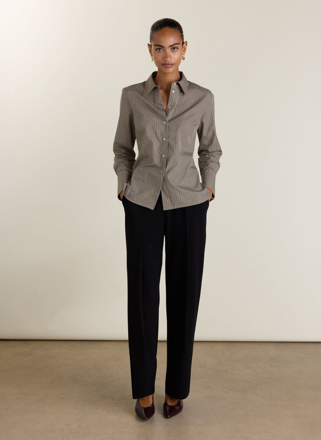 Elle Cinched Waist Shirt - Brown Check Baukjen