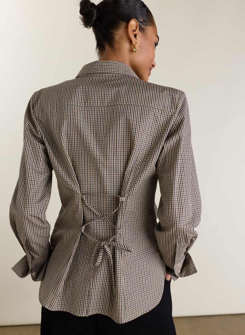 Elle Cinched Waist Shirt - Brown Check Baukjen