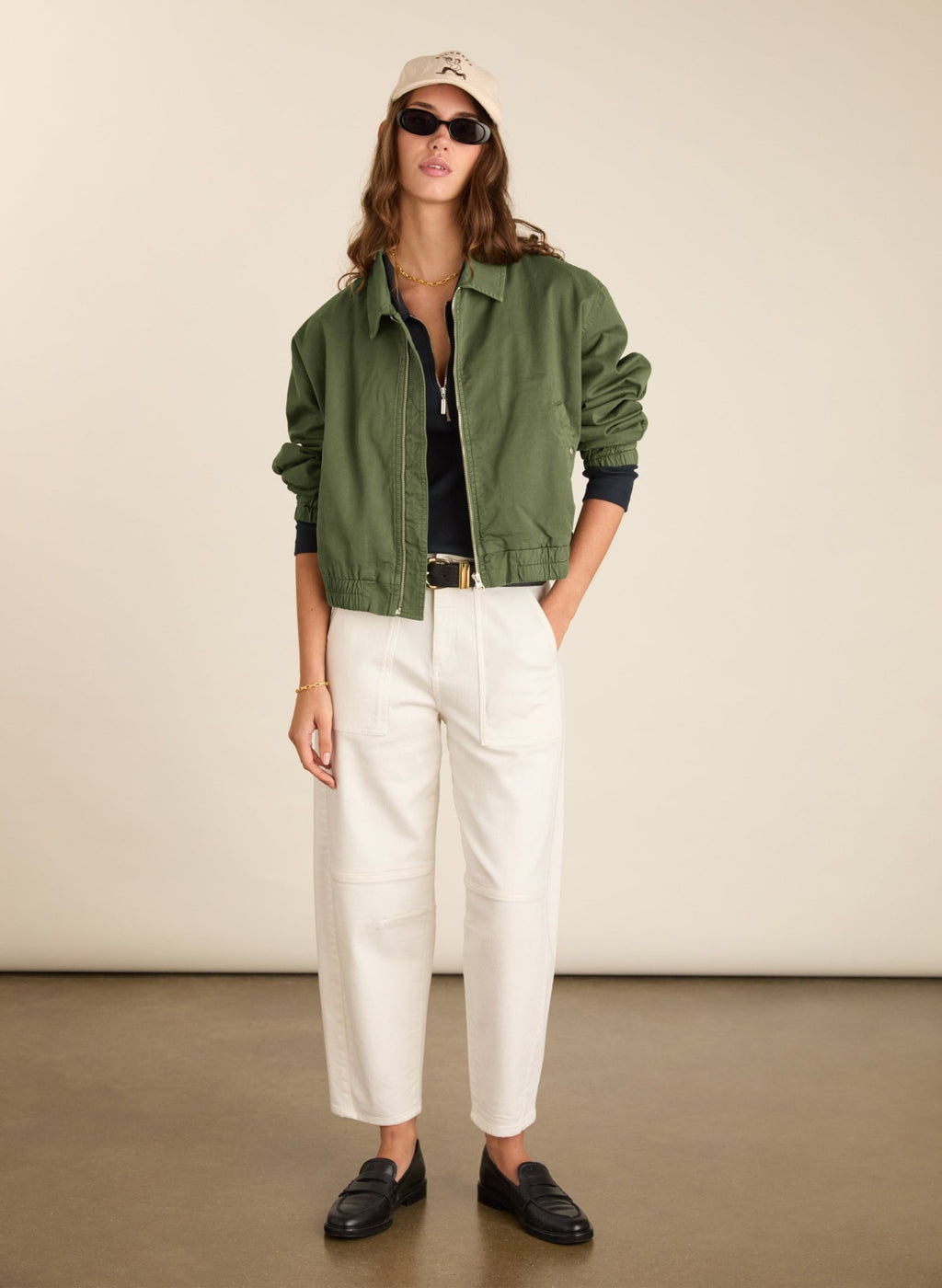Elowen Organic Cotton Cropped Bomber Jacket - Light Khaki Baukjen